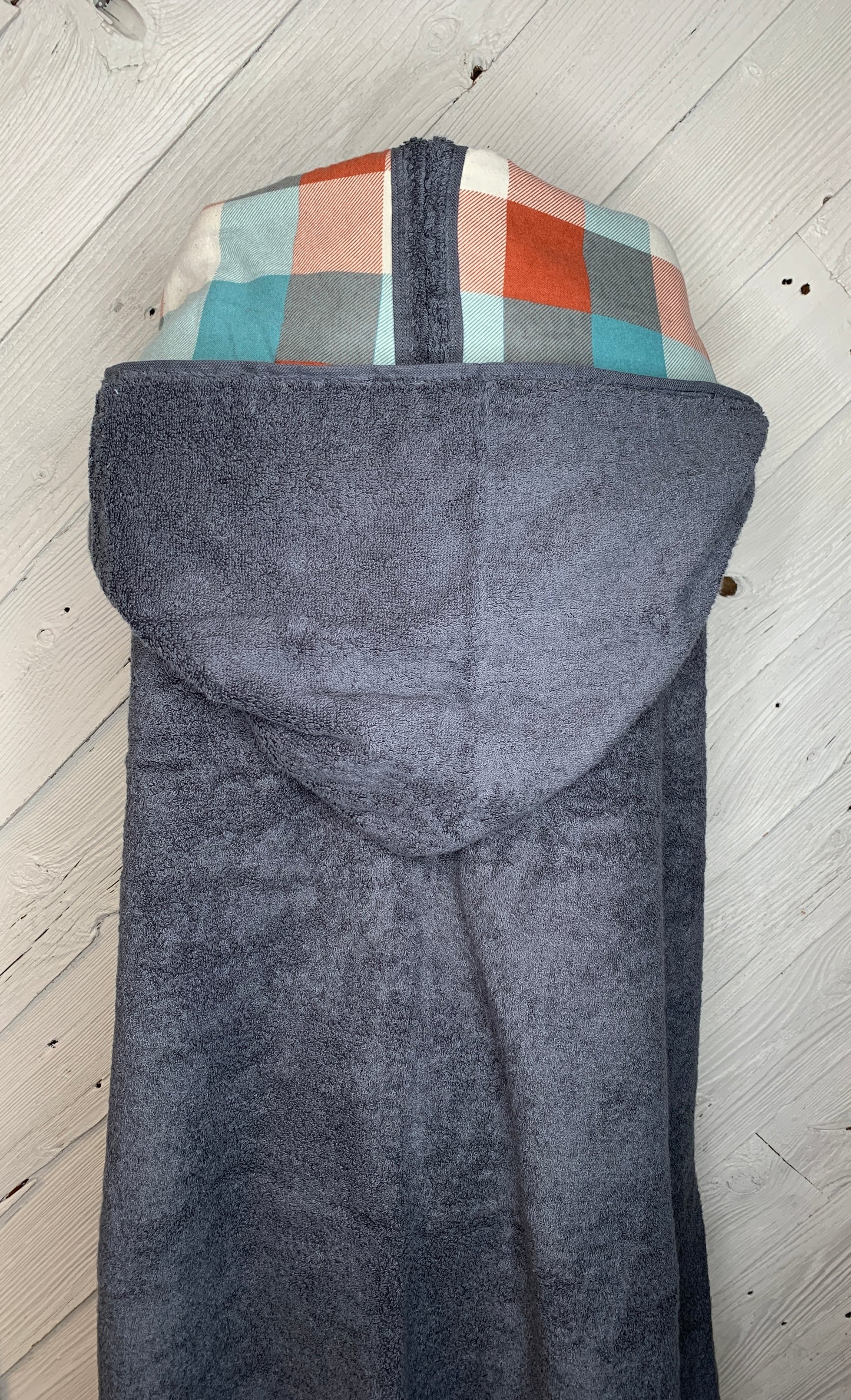 Adult Hooded Bath Towel with Plaid Flannel Lining on the Hood