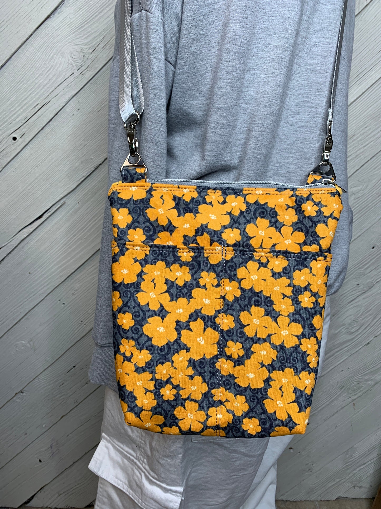 Crossbody Bag with a Yellow Flower Pattern on Grey