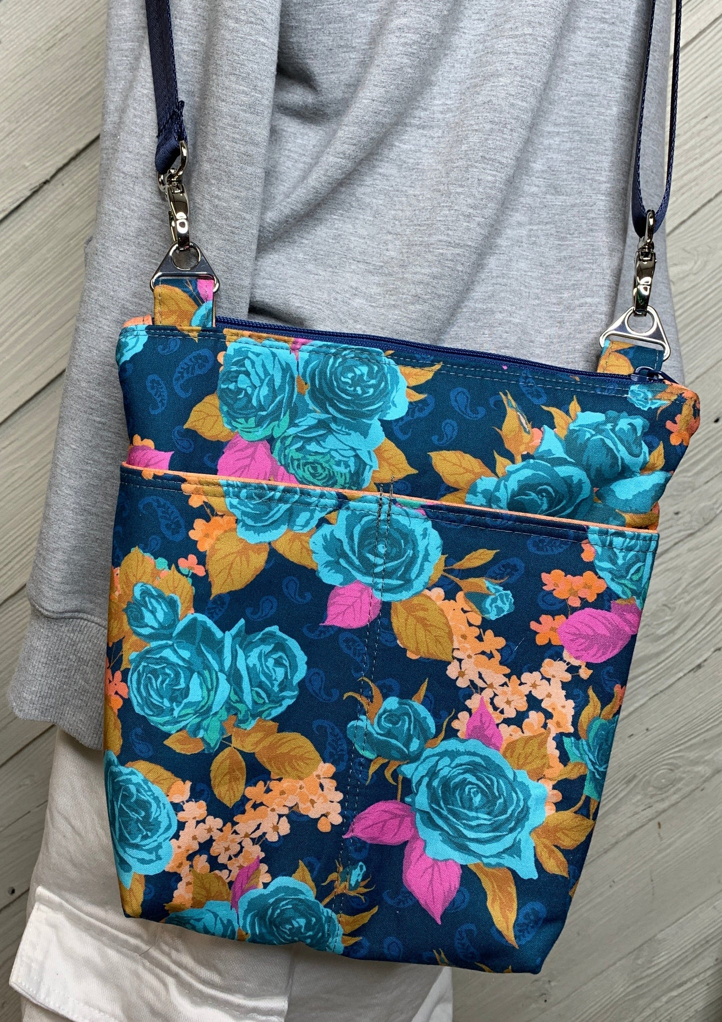 Crossbody Bag with a Multicolor Flower Pattern on Royal Blue