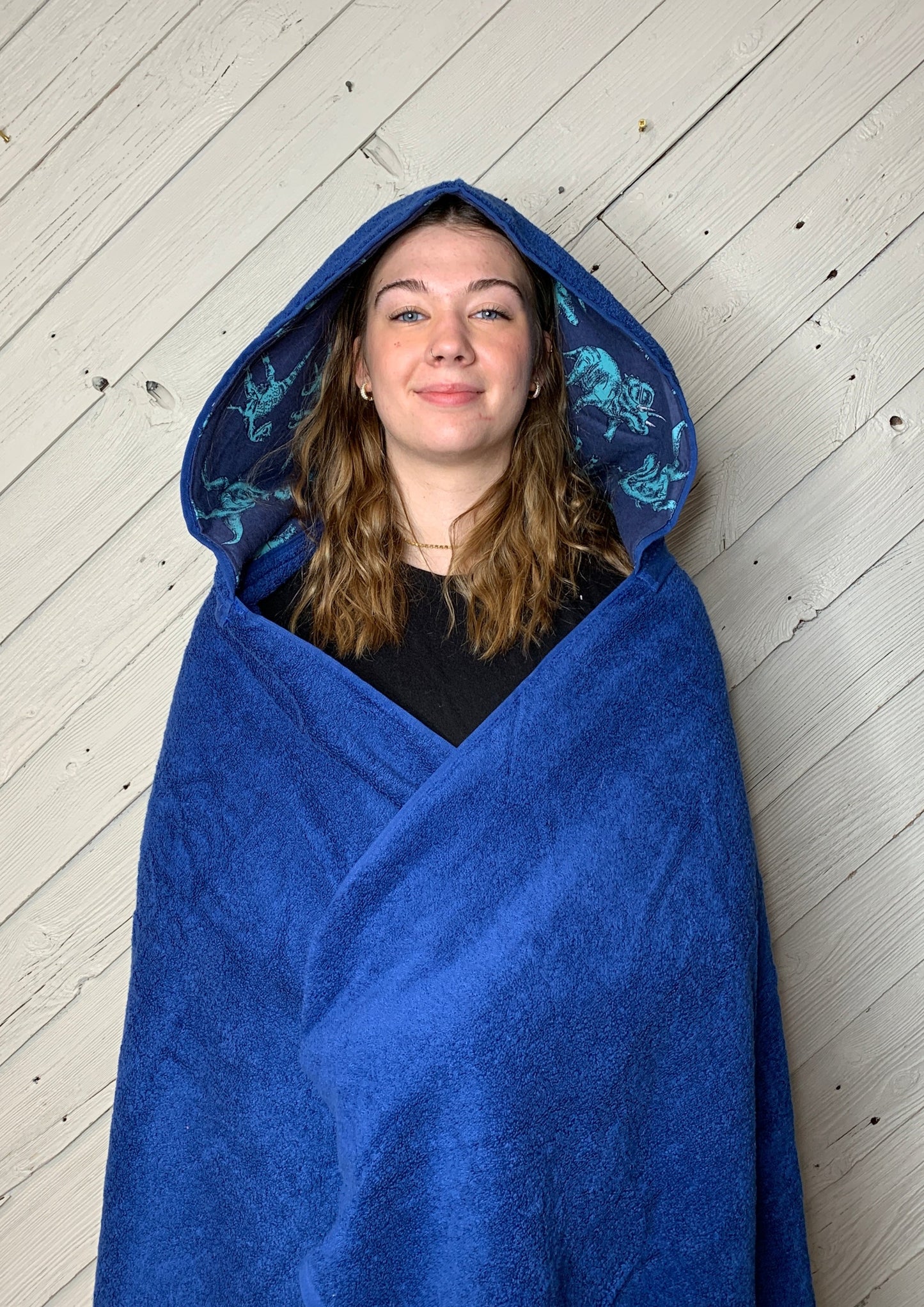 Adult Hooded Bath Towel with a Dinosaur Flannel Lining on the Hood