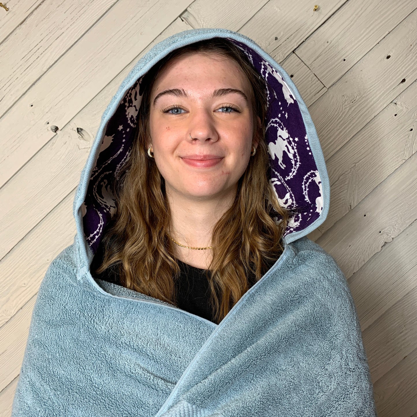 Adult Hooded Bath Towel with Purple and White Unicorn Flannel Lining on the Hood