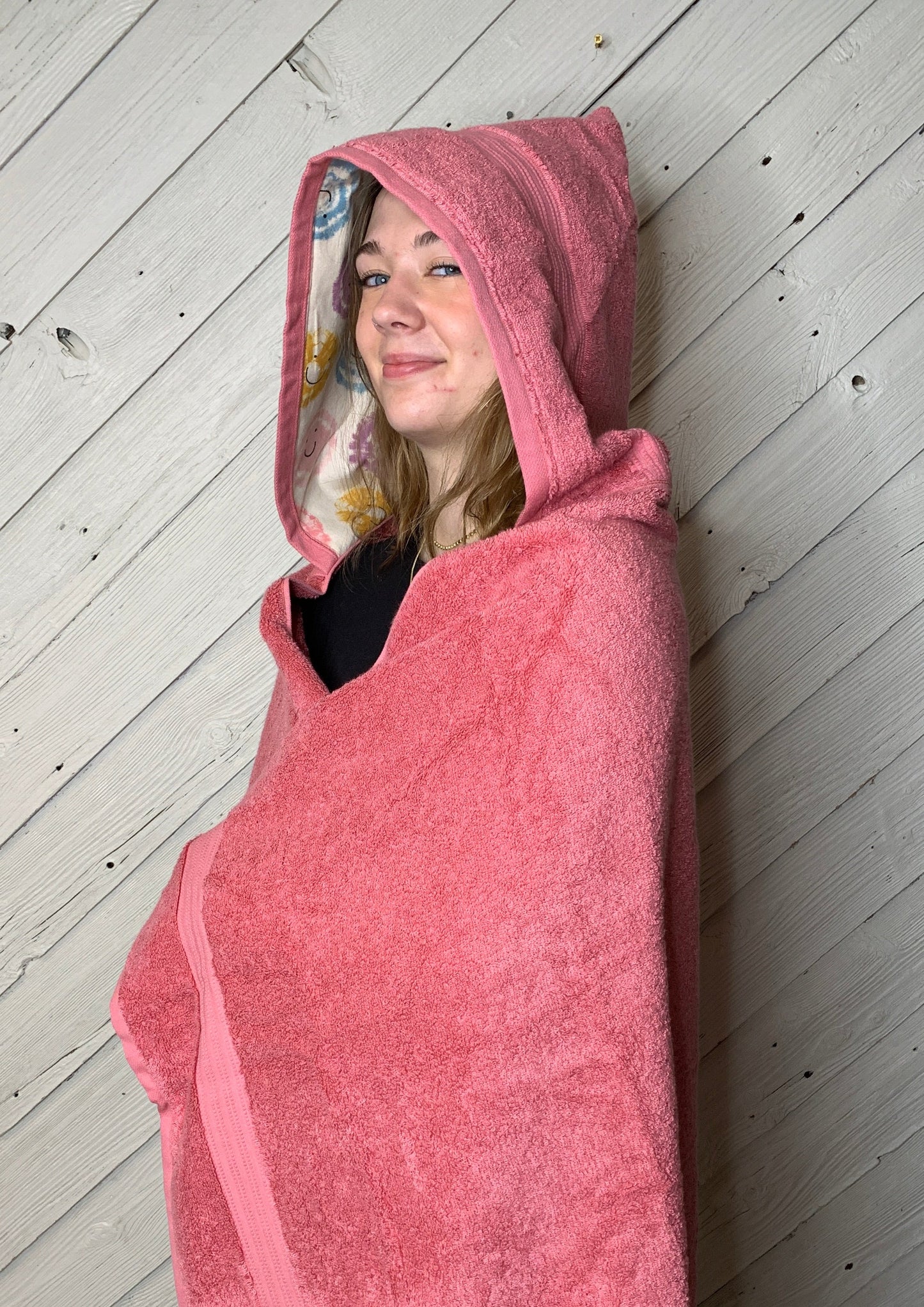 Adult Hooded Bath Towel with Smiley-Face Flannel Lining on the Hood