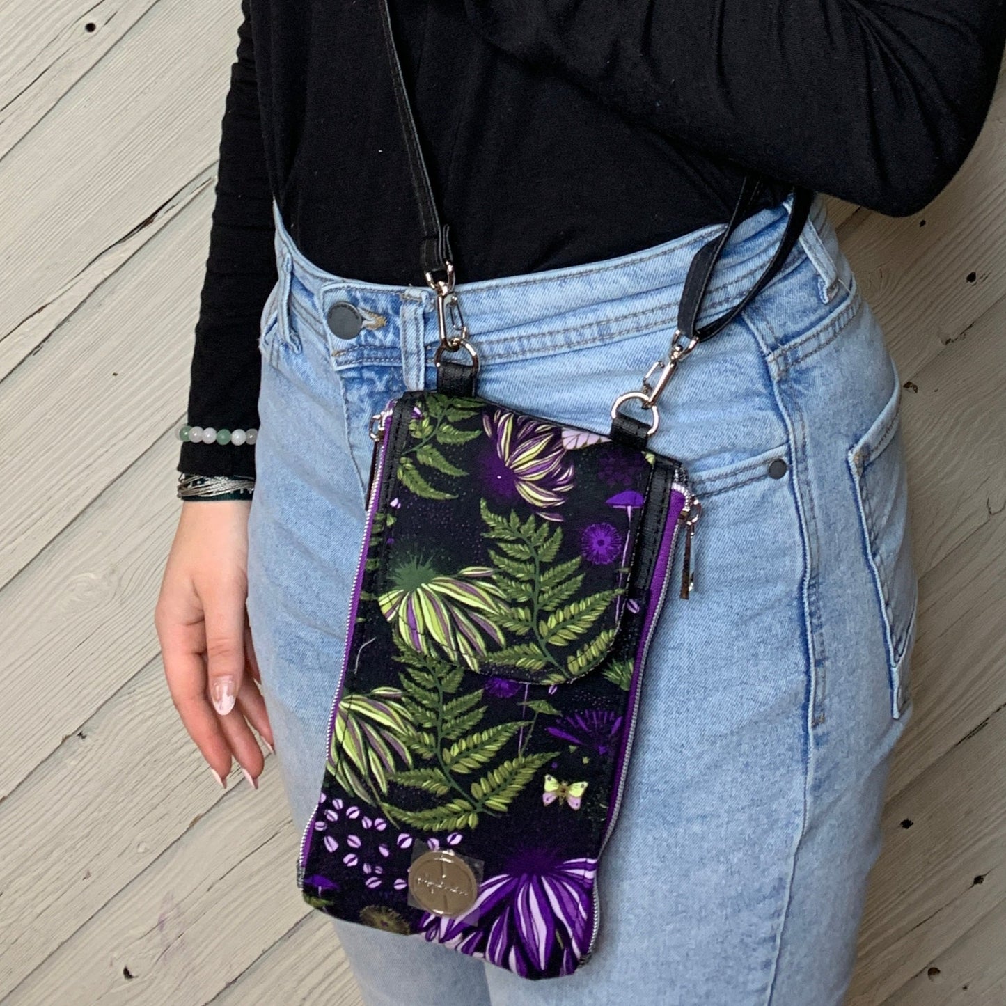 Clutch Crossbody Bag with a Leafy Pattern on Deep Purple