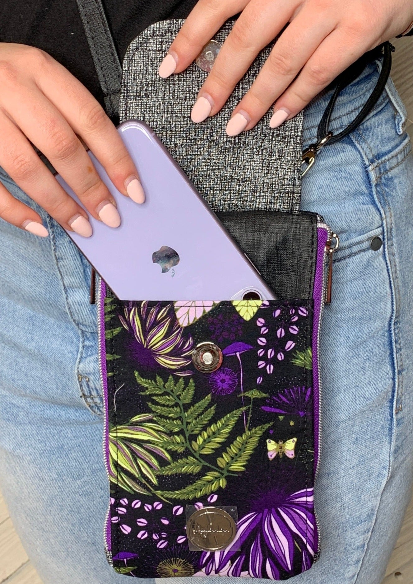 Clutch Crossbody Bag with a Leafy Pattern on Deep Purple