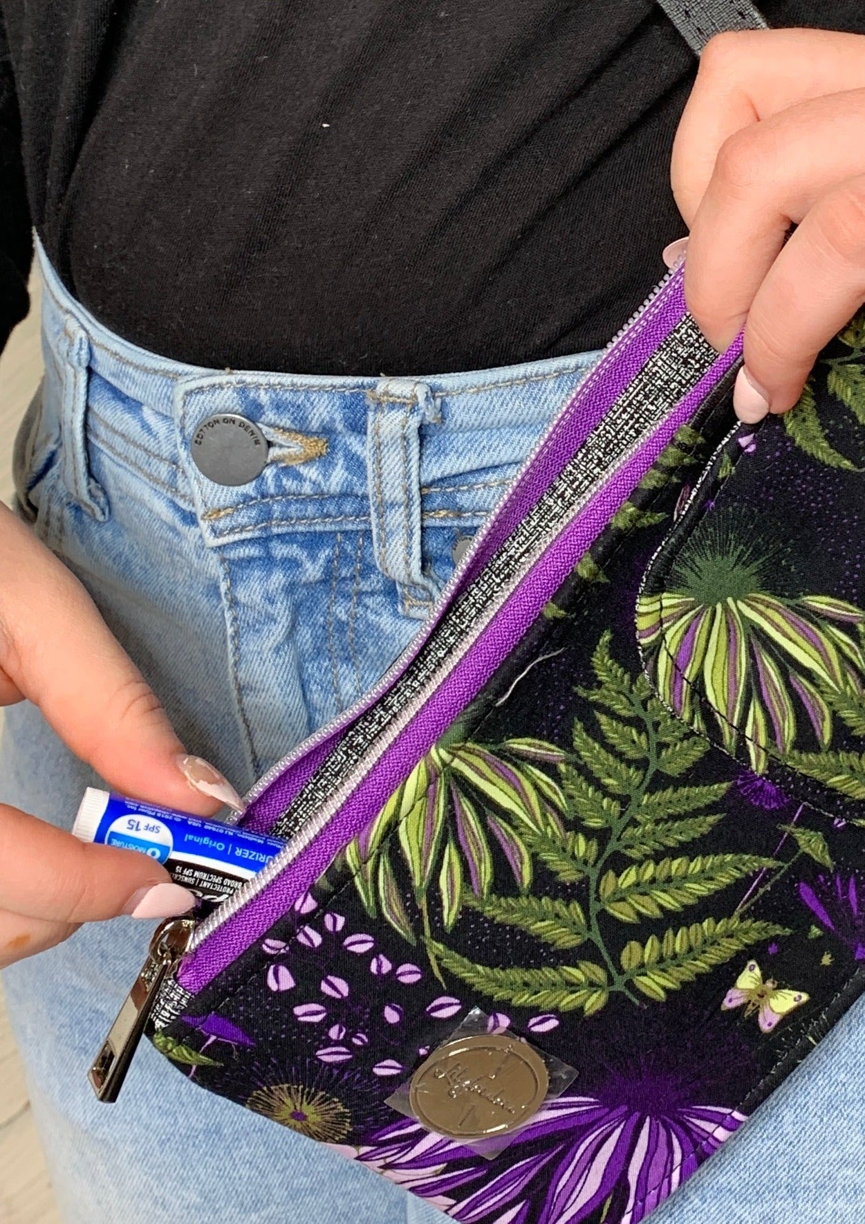 Clutch Crossbody Bag with a Leafy Pattern on Deep Purple