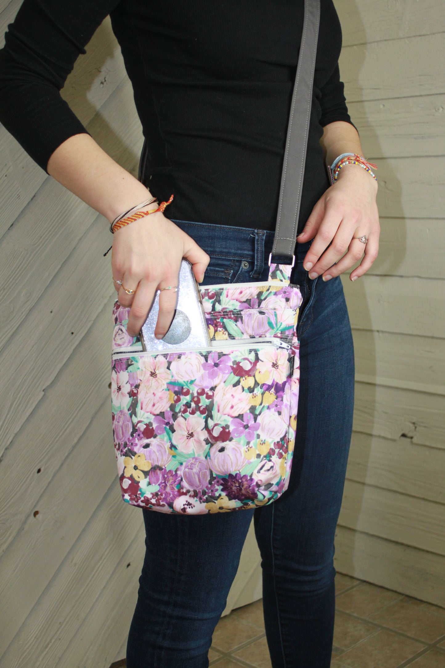 Crossbody Bag with purple floral design