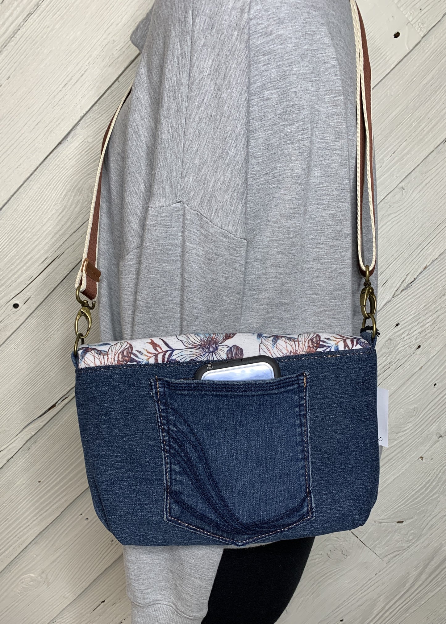 Foldover Crossbody Bag with a denim and floral Design