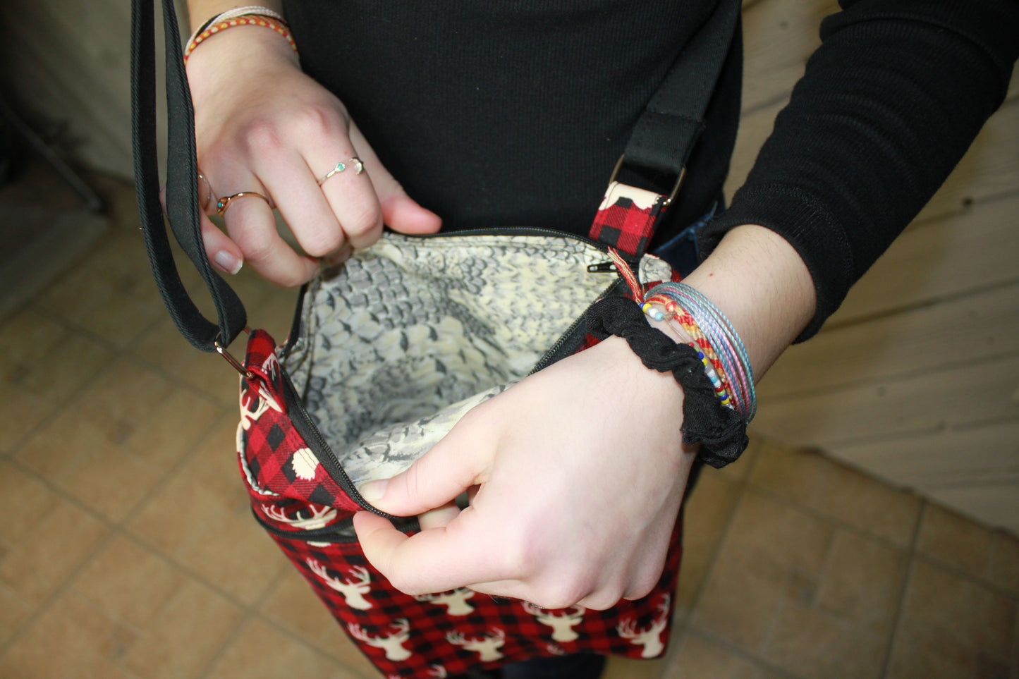 Crossbody Bag with deer heads and plaid design