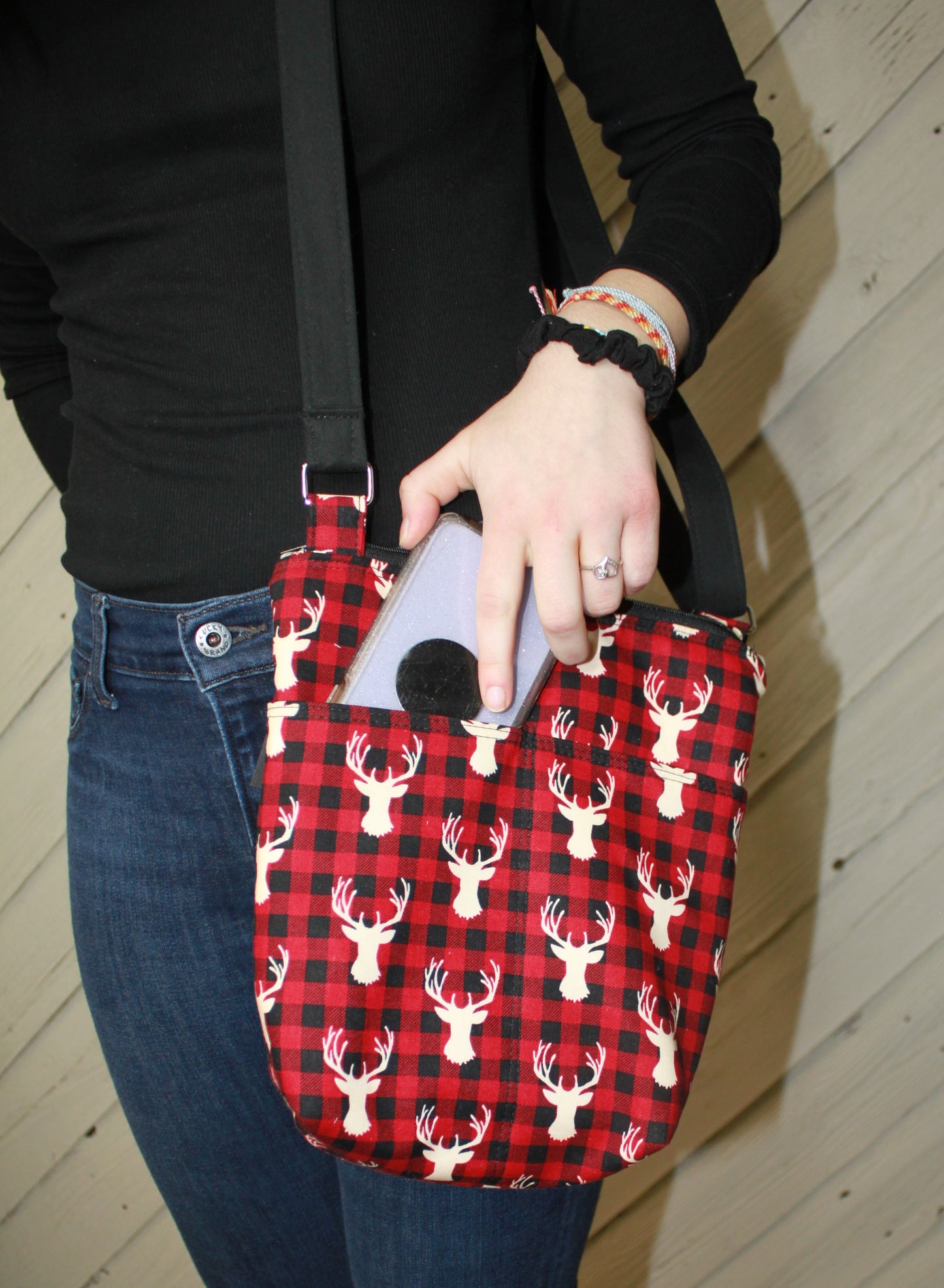 Crossbody Bag with deer heads and plaid design