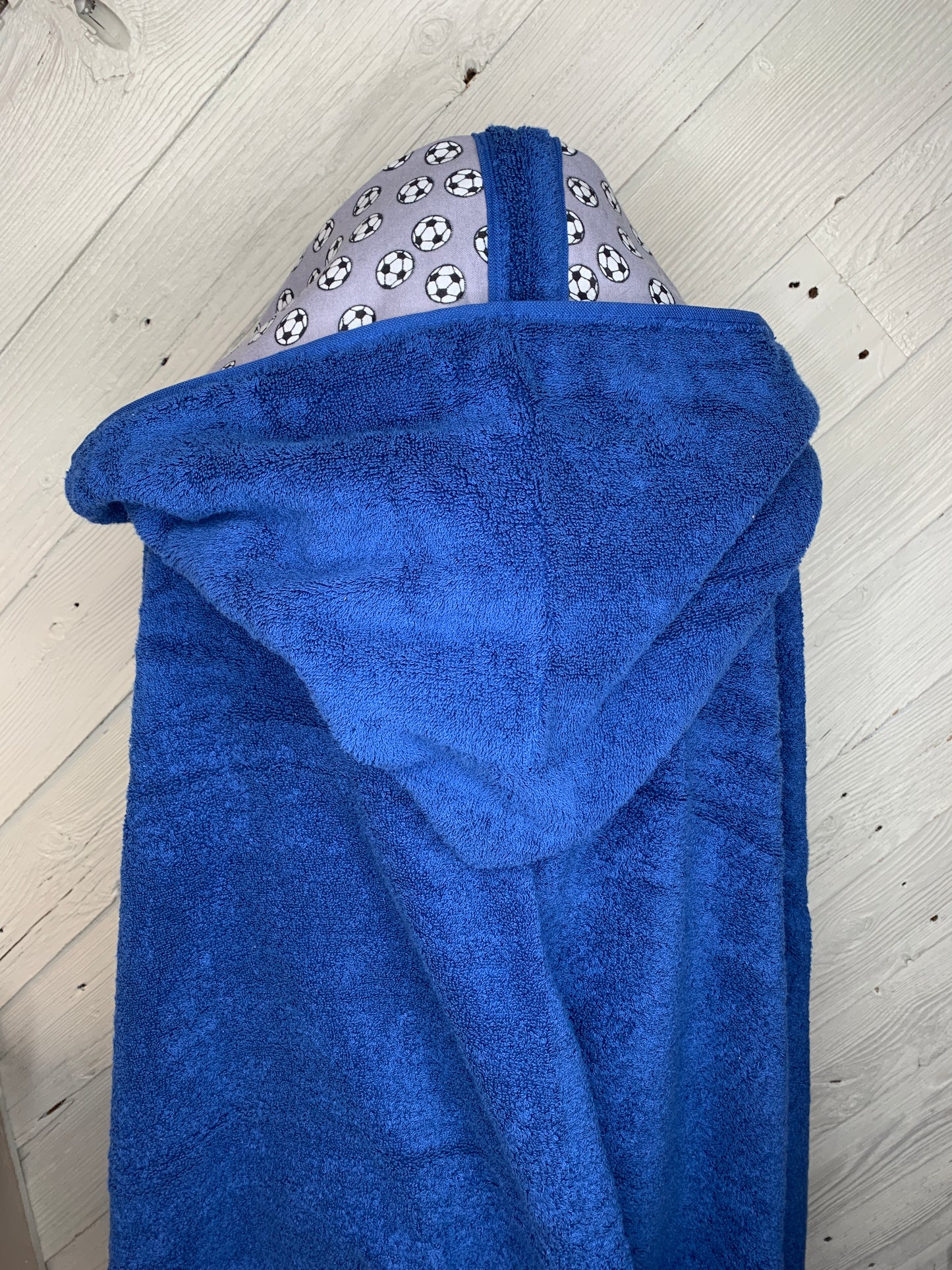 Adult Hooded Bath Towel Dark Blue with Soccer Flannel Lining on Hood