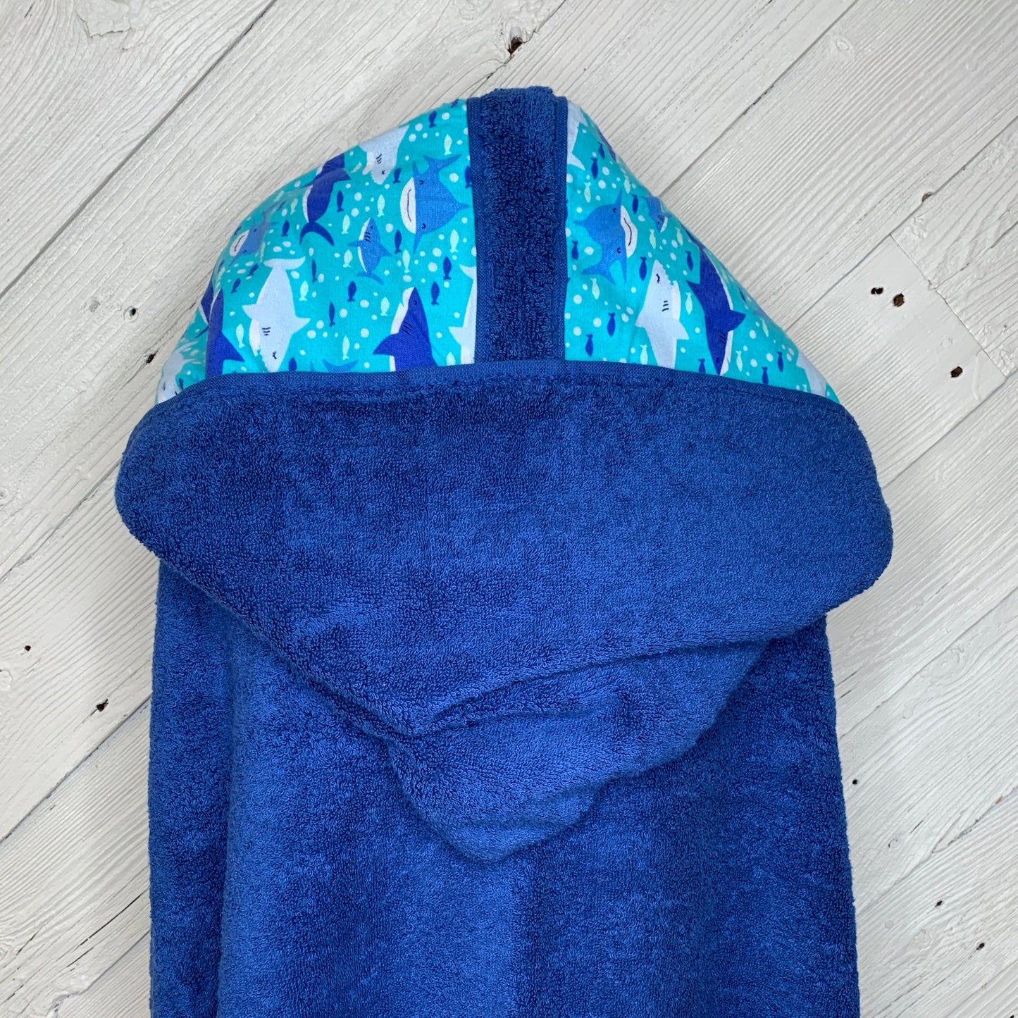 Adult Hooded Bath Towel Dark Blue with Shark Flannel Lining on Hood