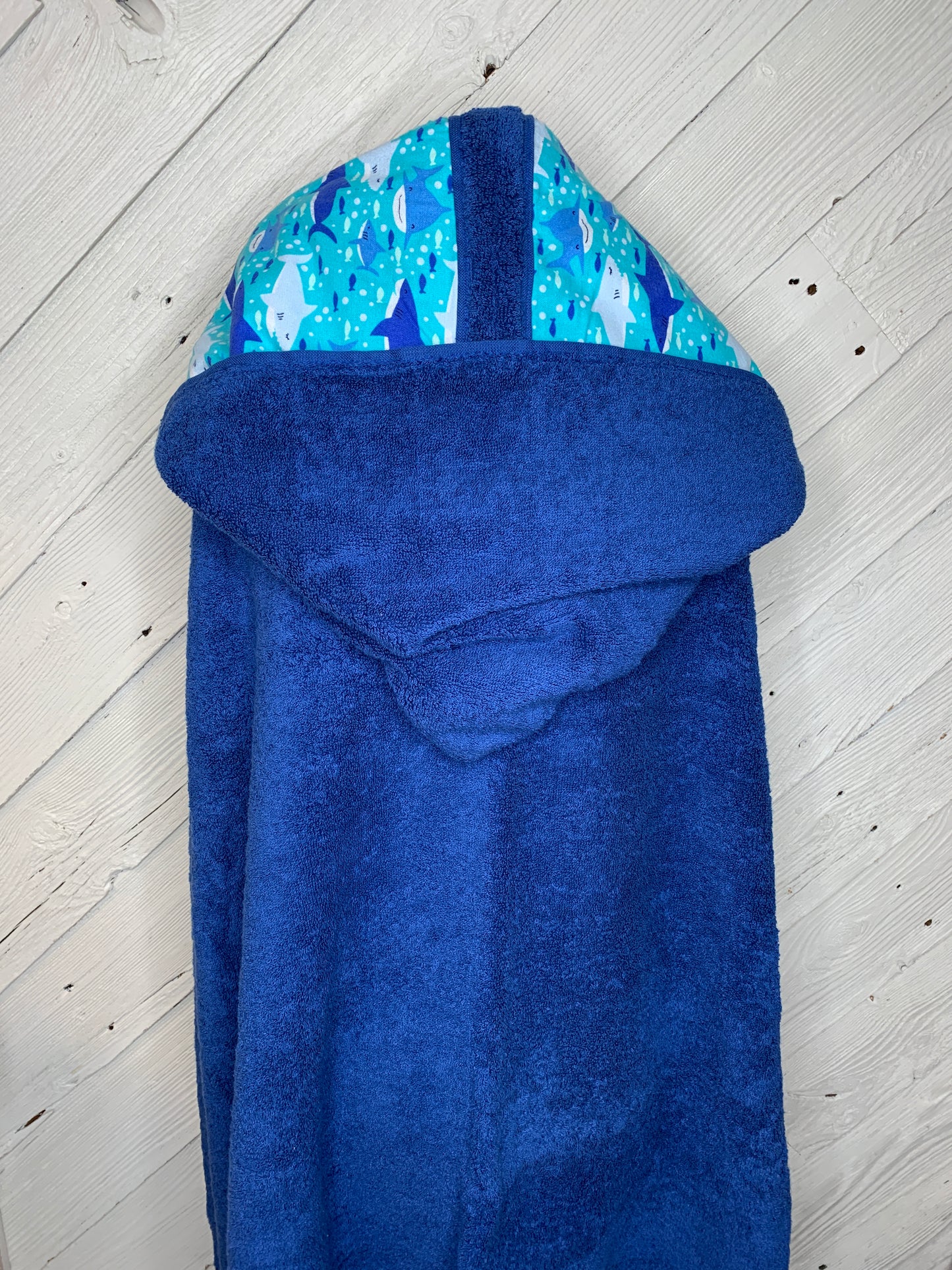 Adult Hooded Bath Towel Dark Blue with Shark Flannel Lining on Hood