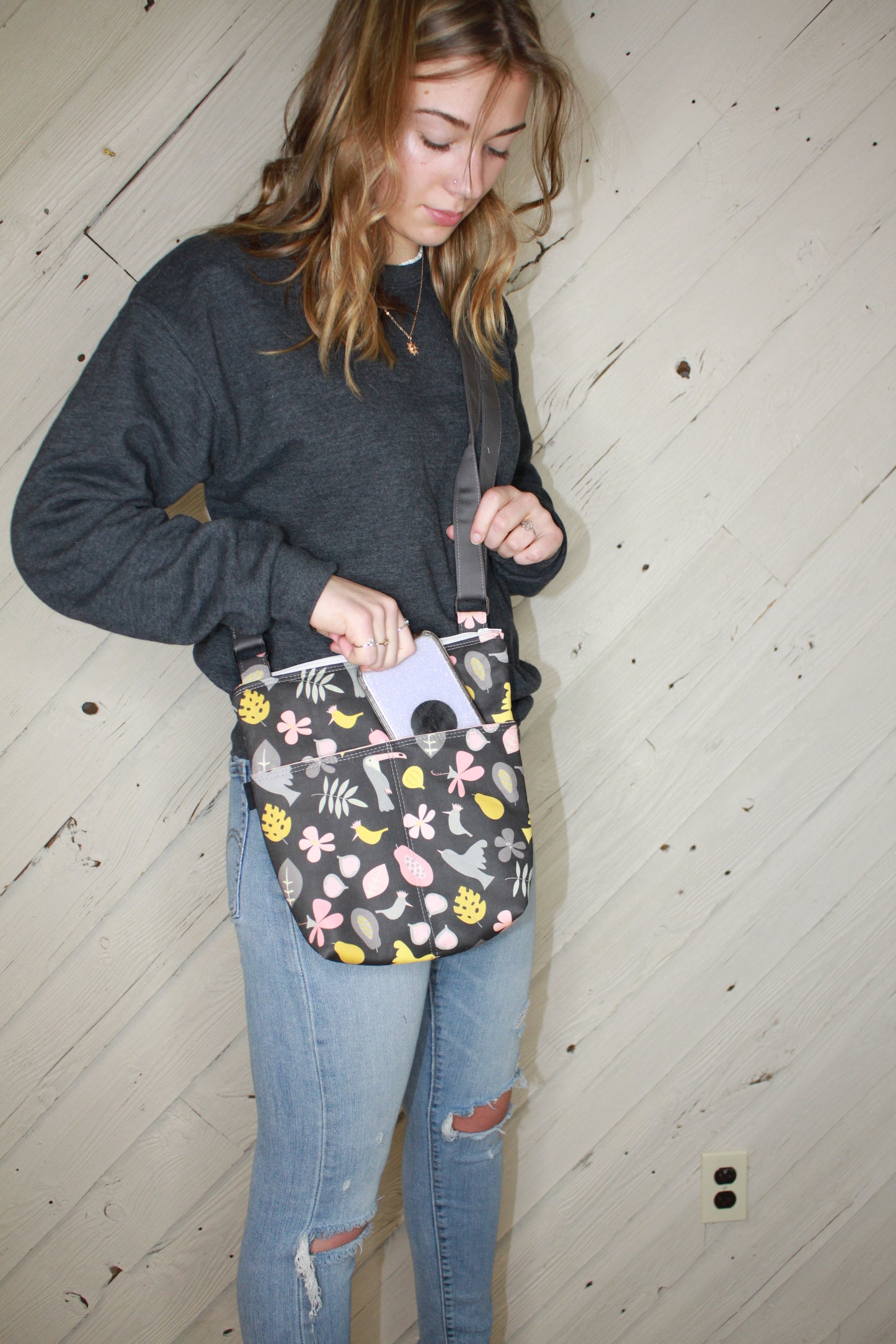 Crossbody Bag with gray floral design