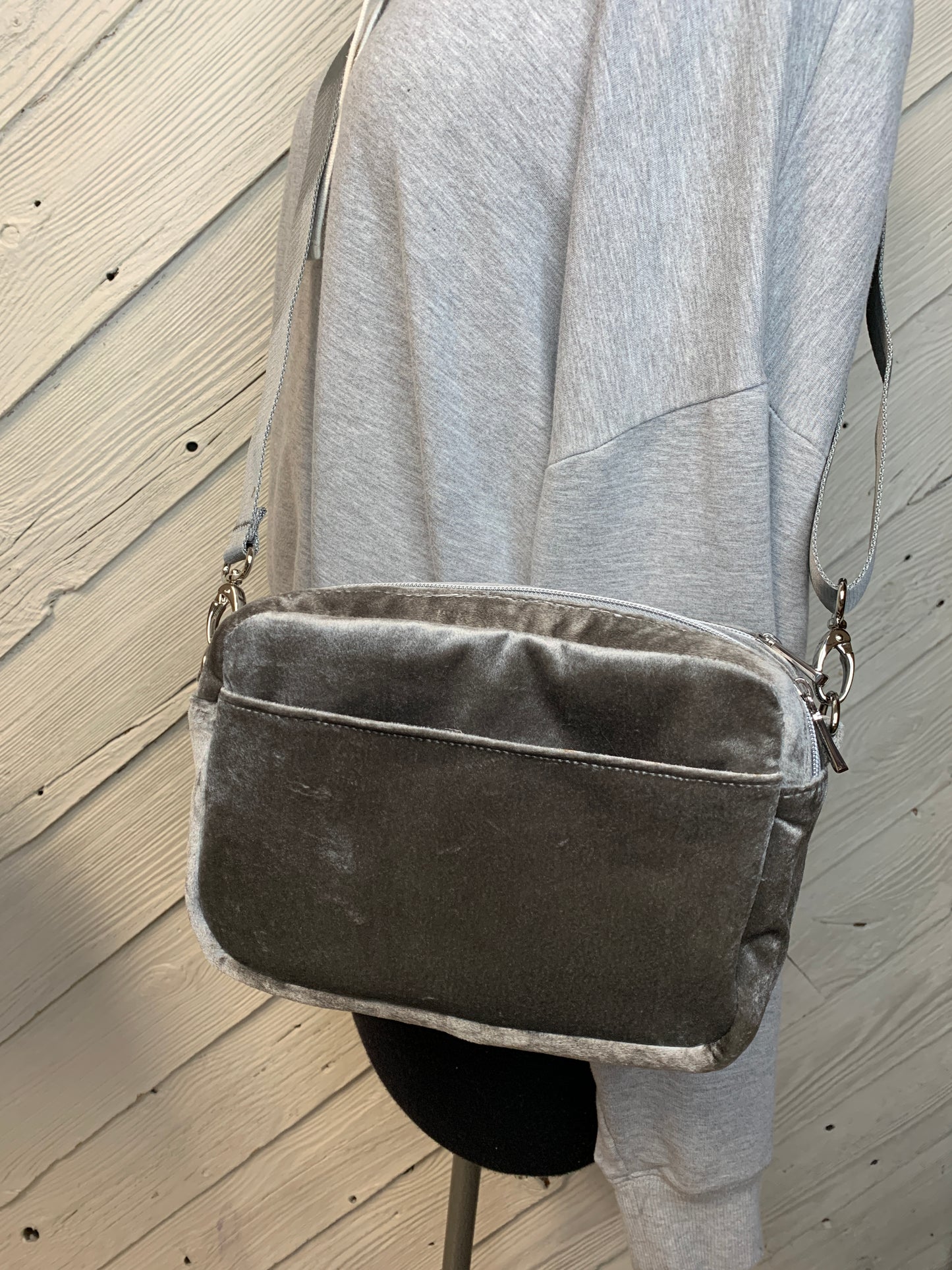 Gray velvet dual zip crossbody