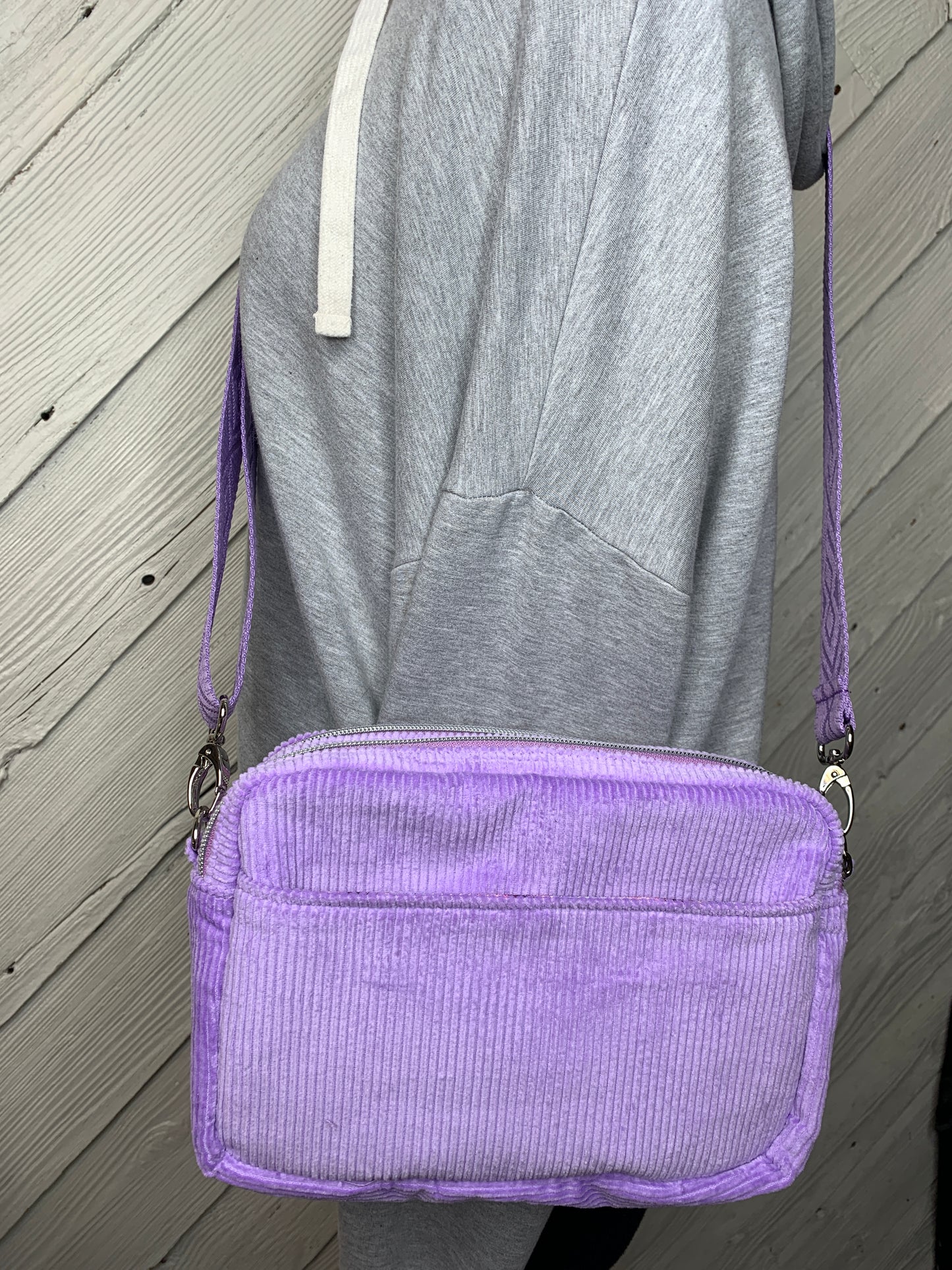 Purple corduroy dual zip crossbody