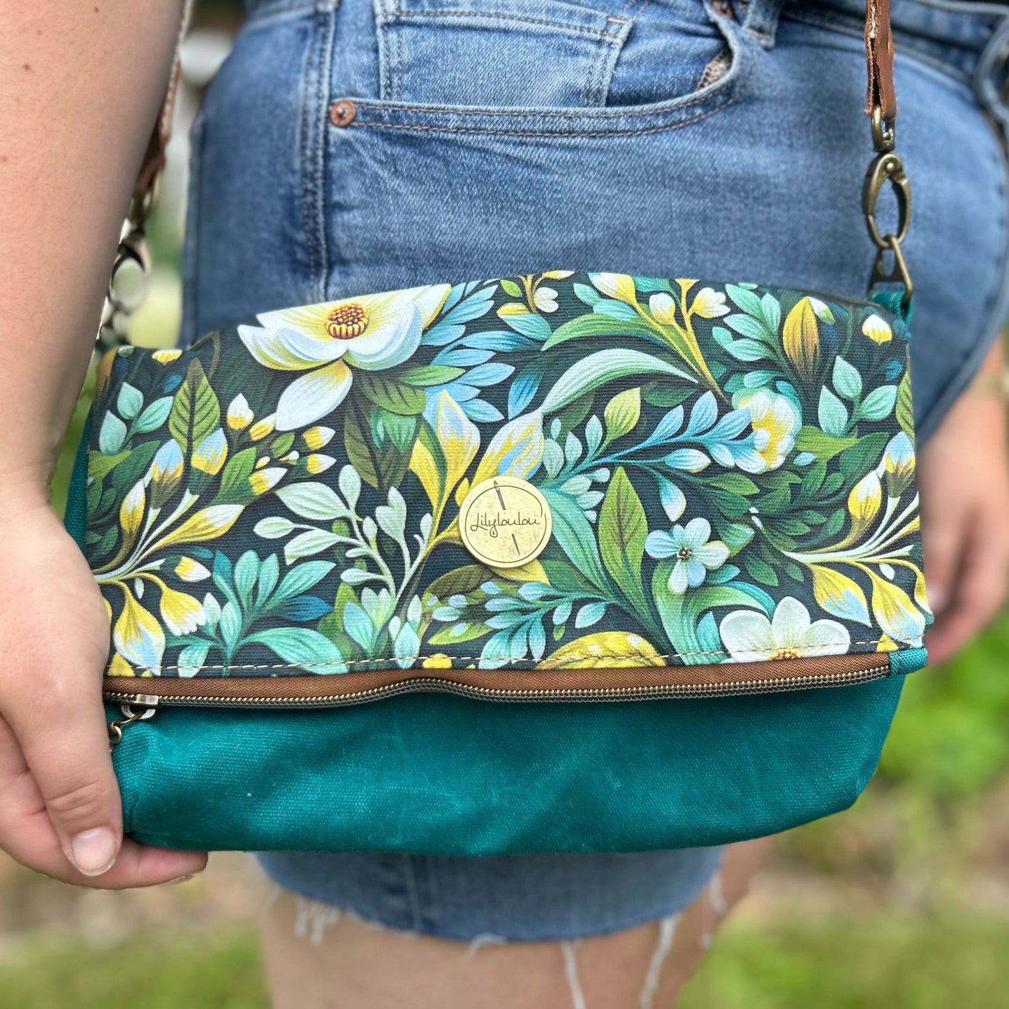 Foldover Crossbody Bag with a Turquoise Floral Pattern