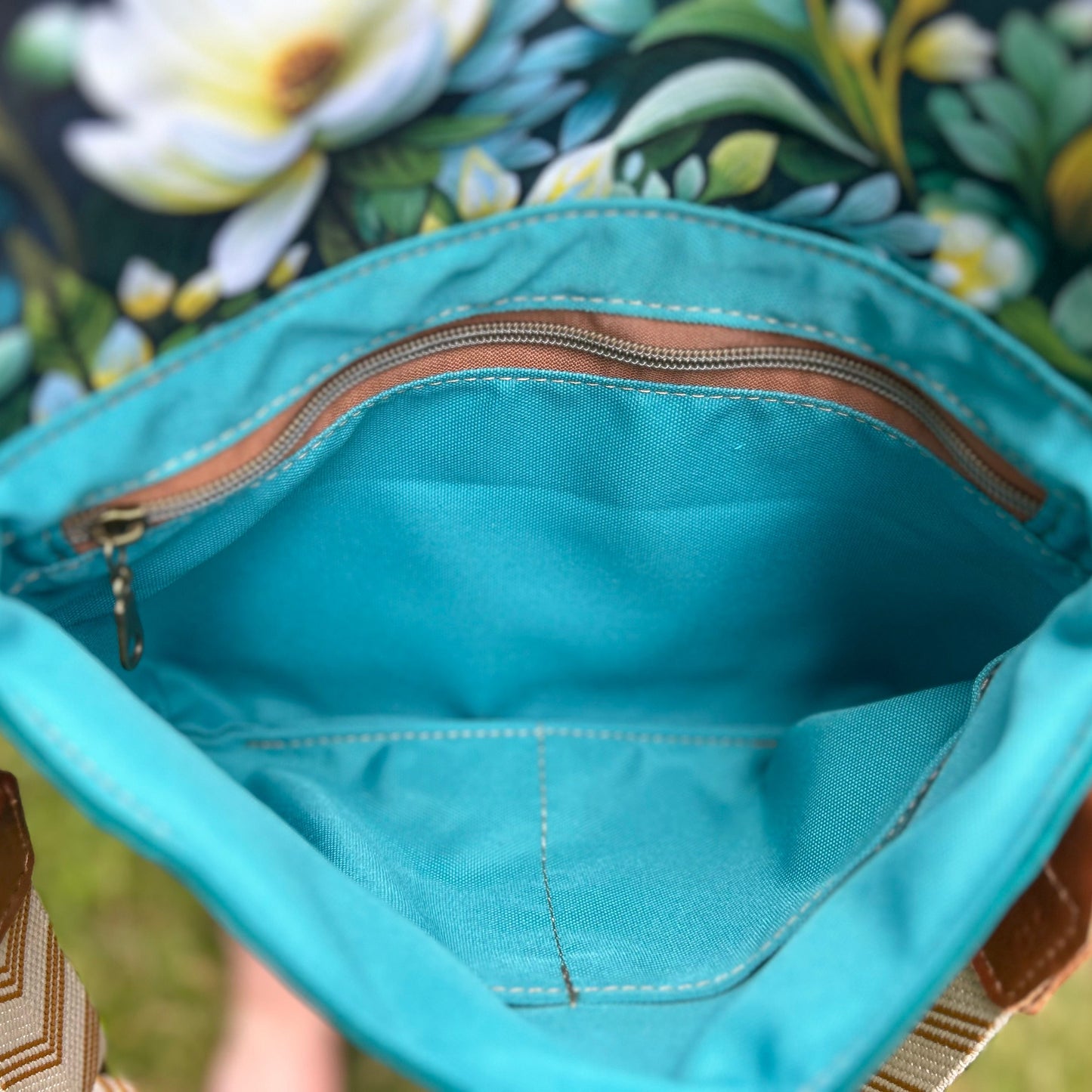 Foldover Crossbody Bag with a Turquoise Floral Pattern