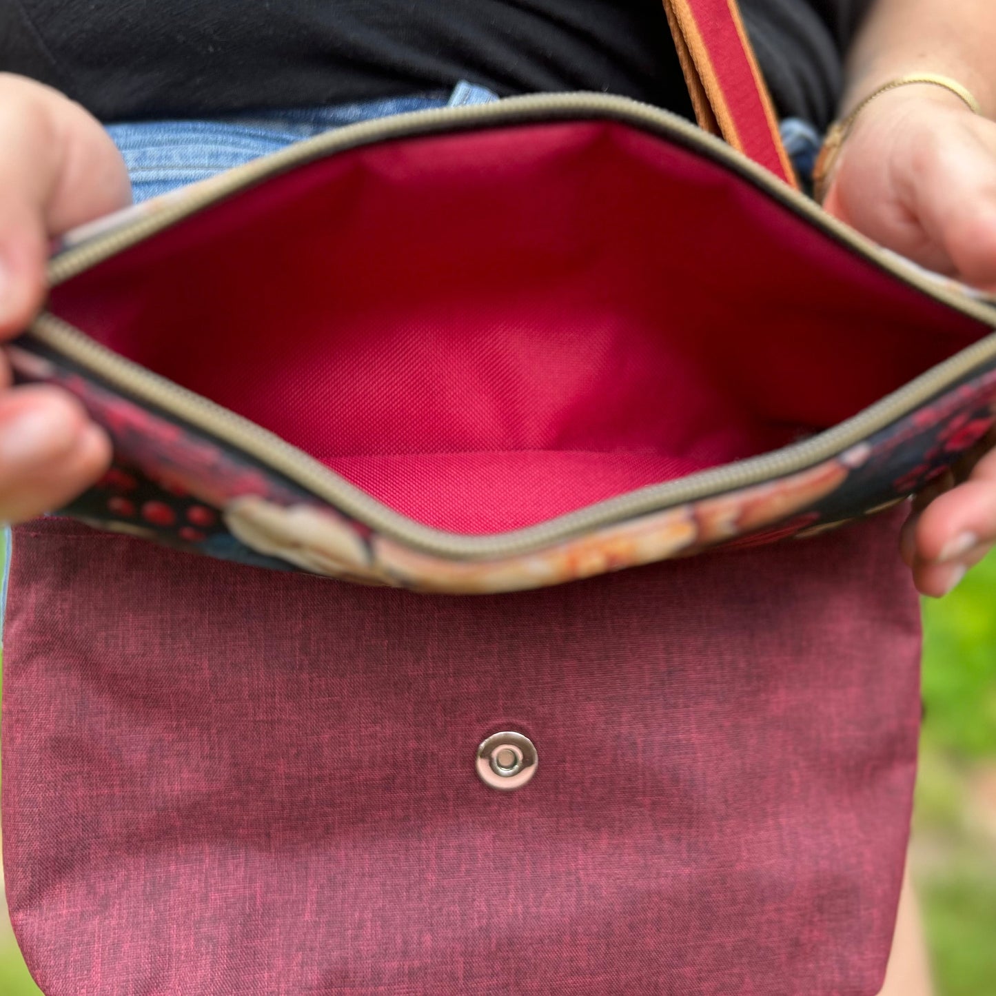 Foldover Crossbody Bag with a Maroon Floral Pattern