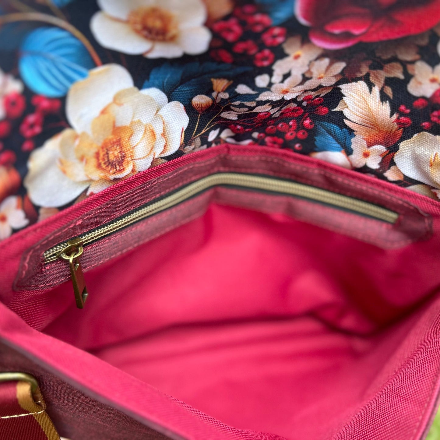 Foldover Crossbody Bag with a Maroon Floral Pattern