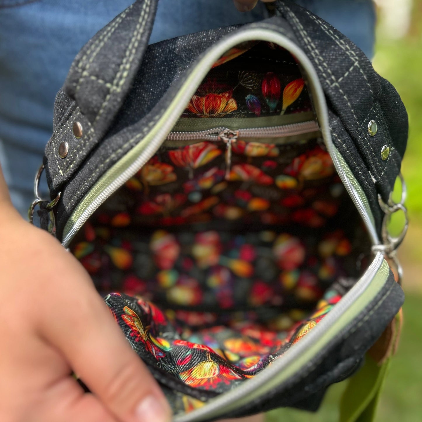 Denim Crossbody Bag with a Poppy Pattern