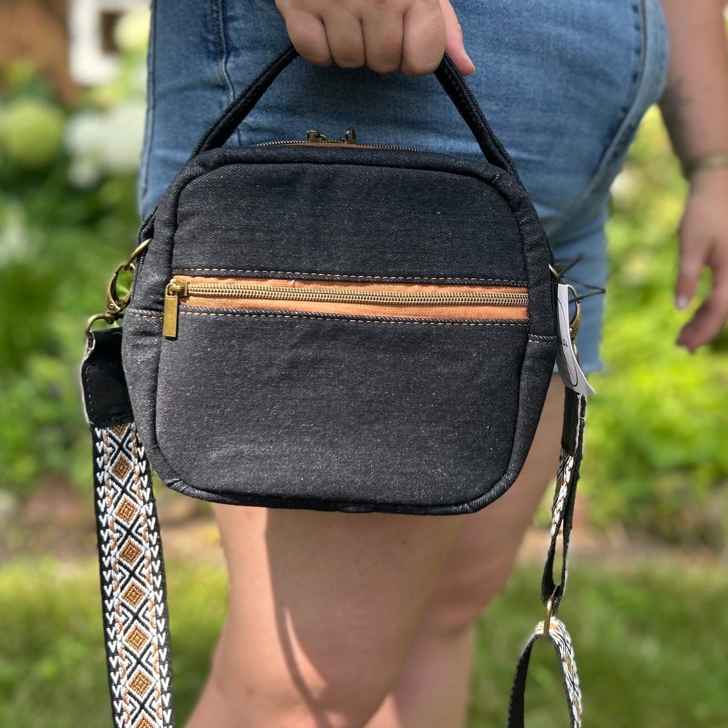 Denim Crossbody Bag with a Sunflower Pattern