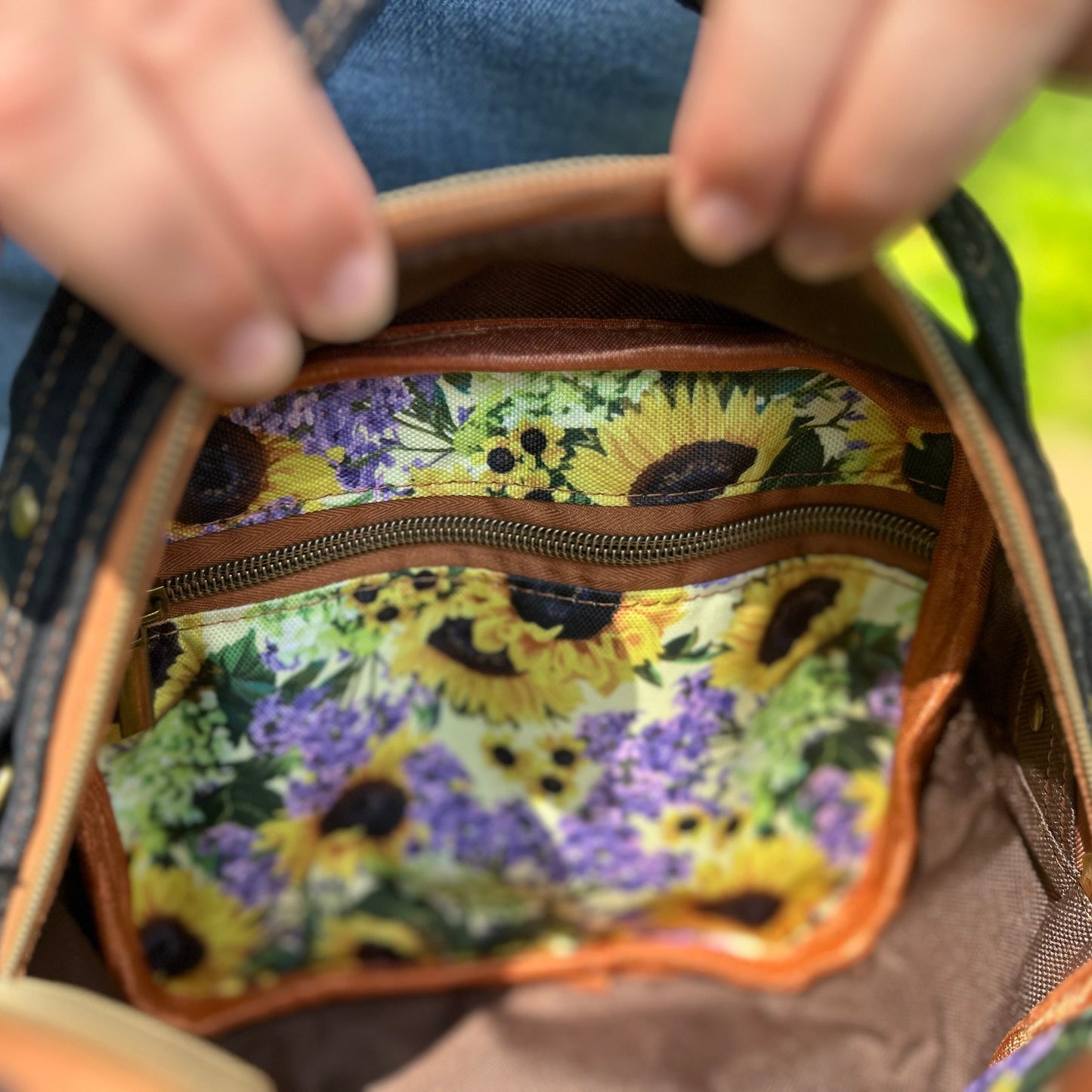 Denim Crossbody Bag with a Sunflower Pattern