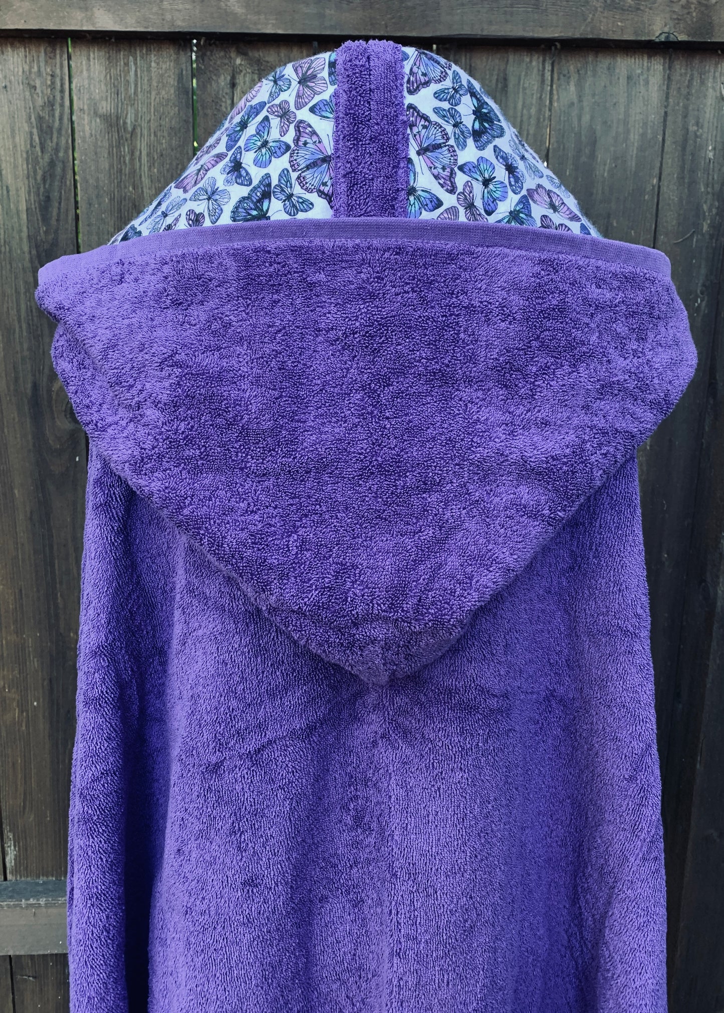 Adult Hooded Bath Towel Dark Purple with Butterfly Flannel Lining on Hood