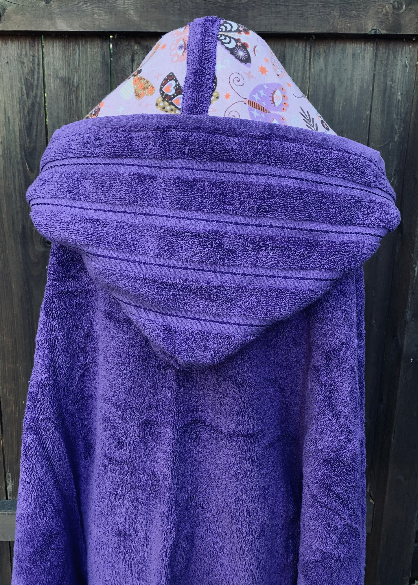 Adult Hooded Bath Towel Dark Purple with Moth Flannel Lining on Hood