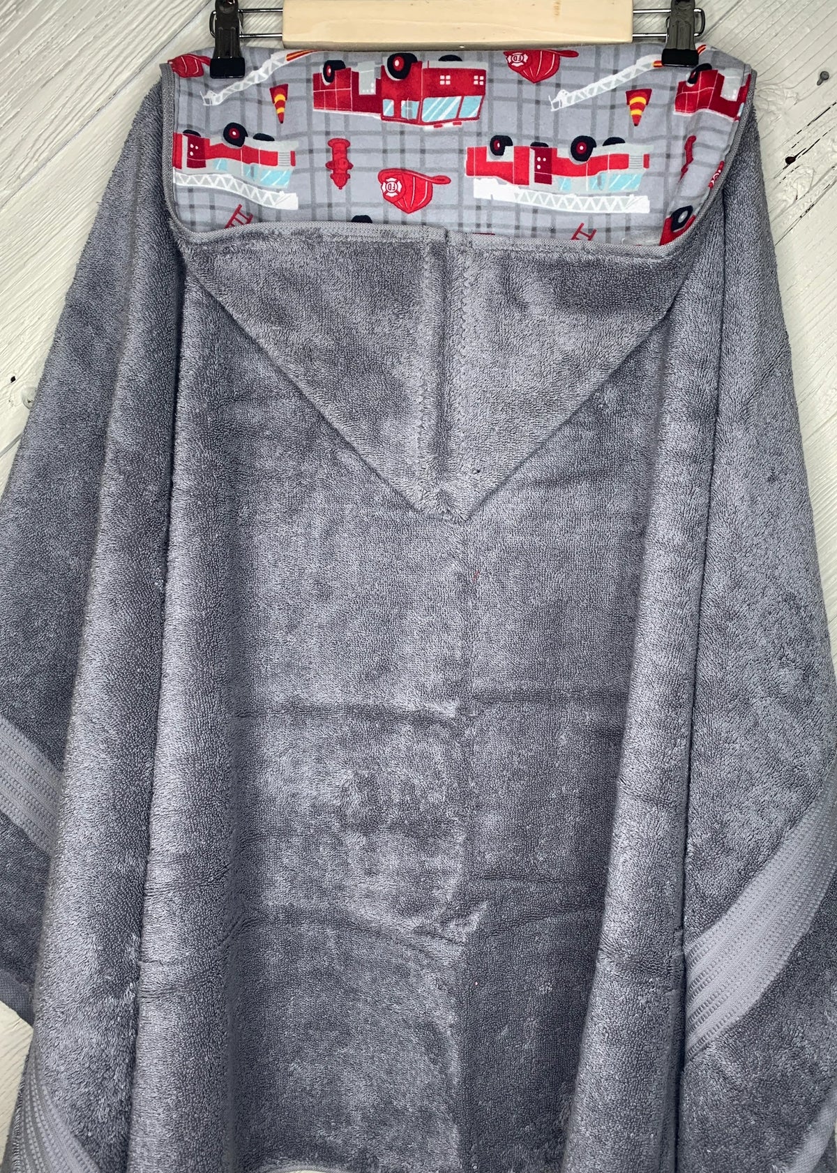 Gray Kid's Hooded Bath Towel with Fire Truck Lining on Hood