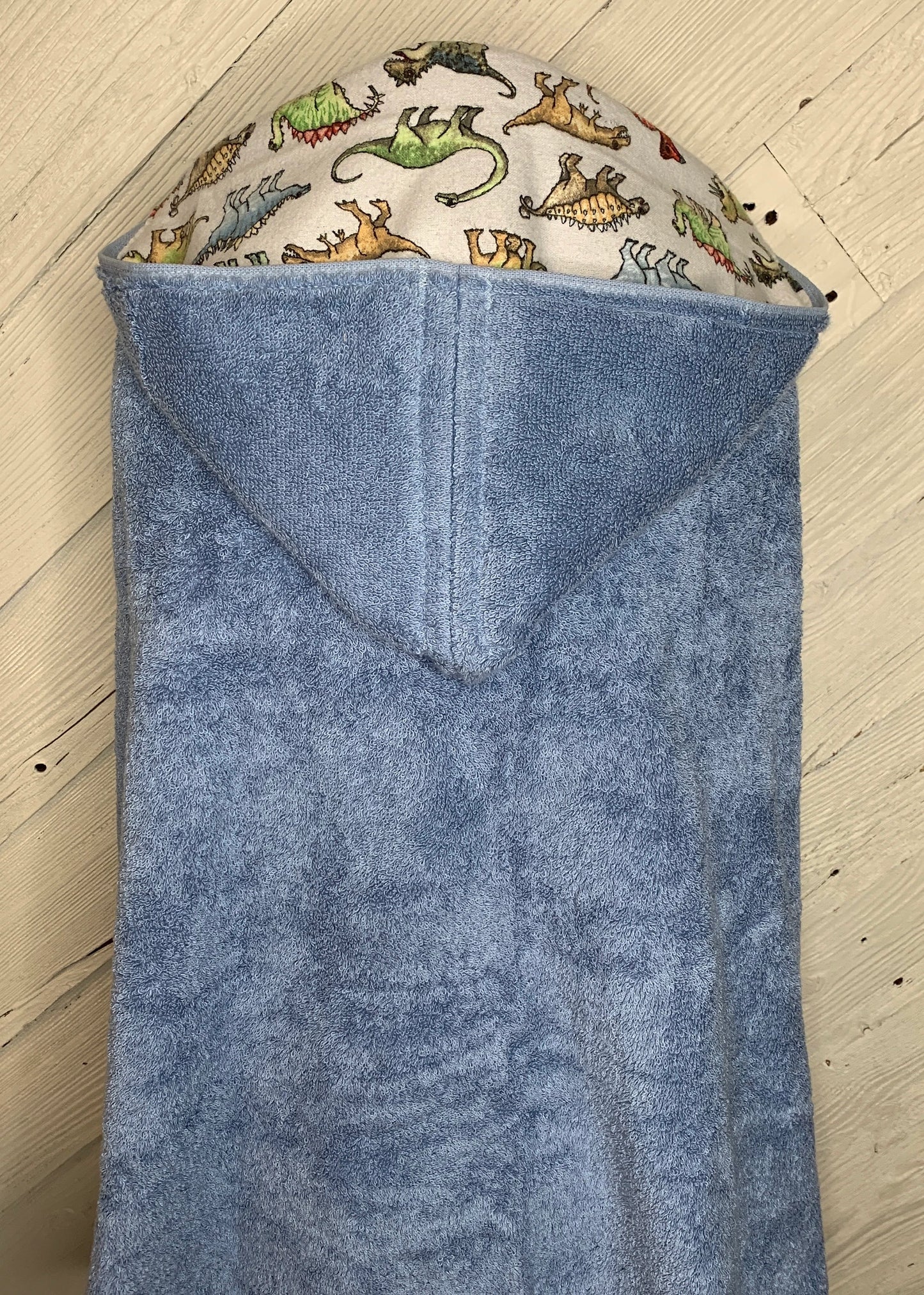 Water Blue Kid's Hooded Bath Towel with Dinosaur Lining on Hood