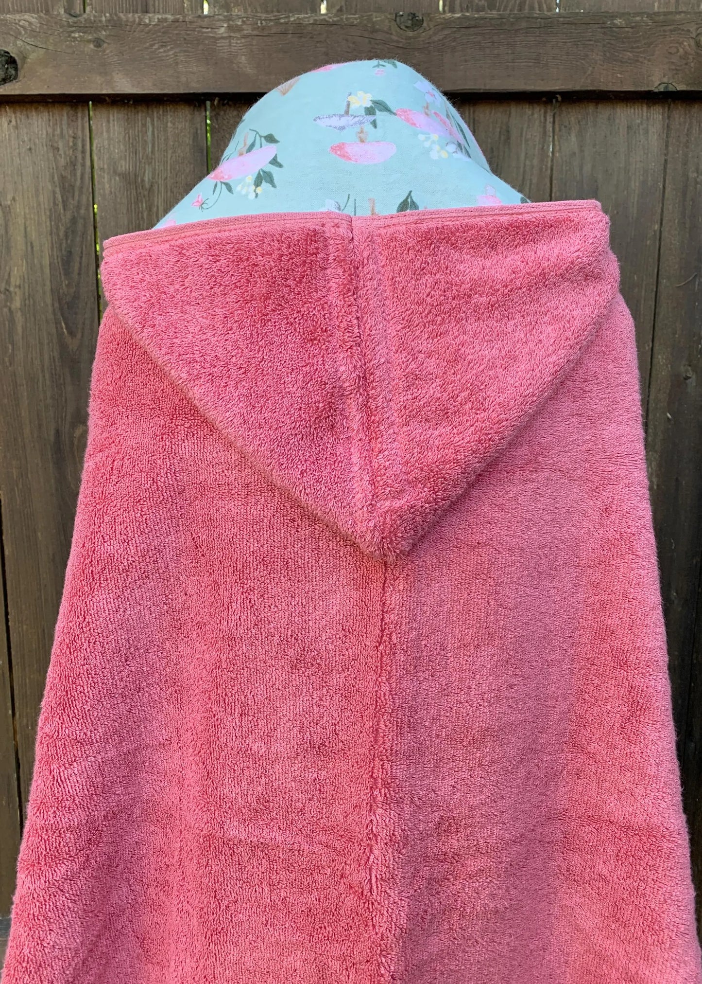 Rose Pink Kid's Hooded Bath Towel with Mushrooms Lining on Hood