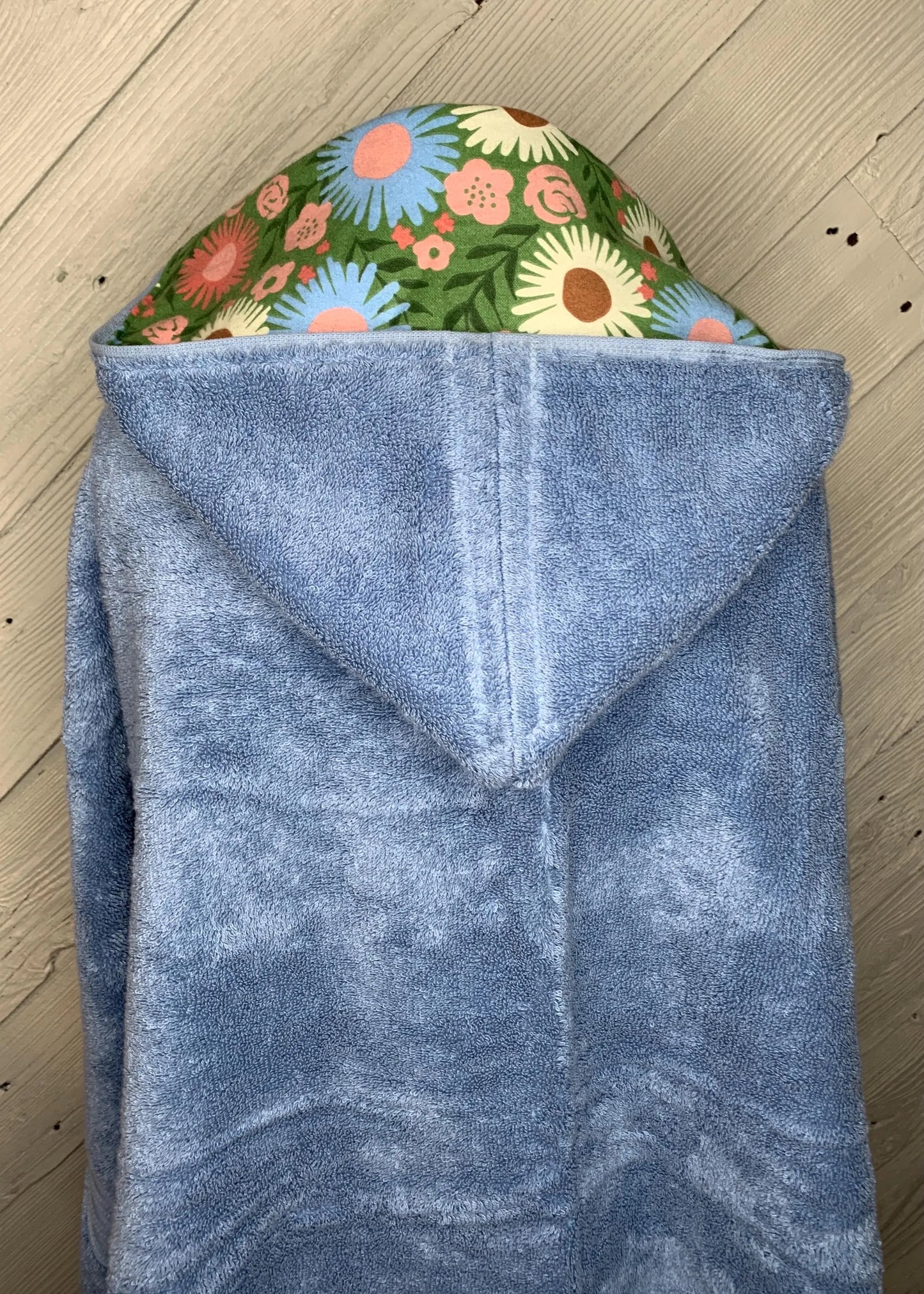 Water Blue Kid's Hooded Bath Towel with Flower Lining on Hood