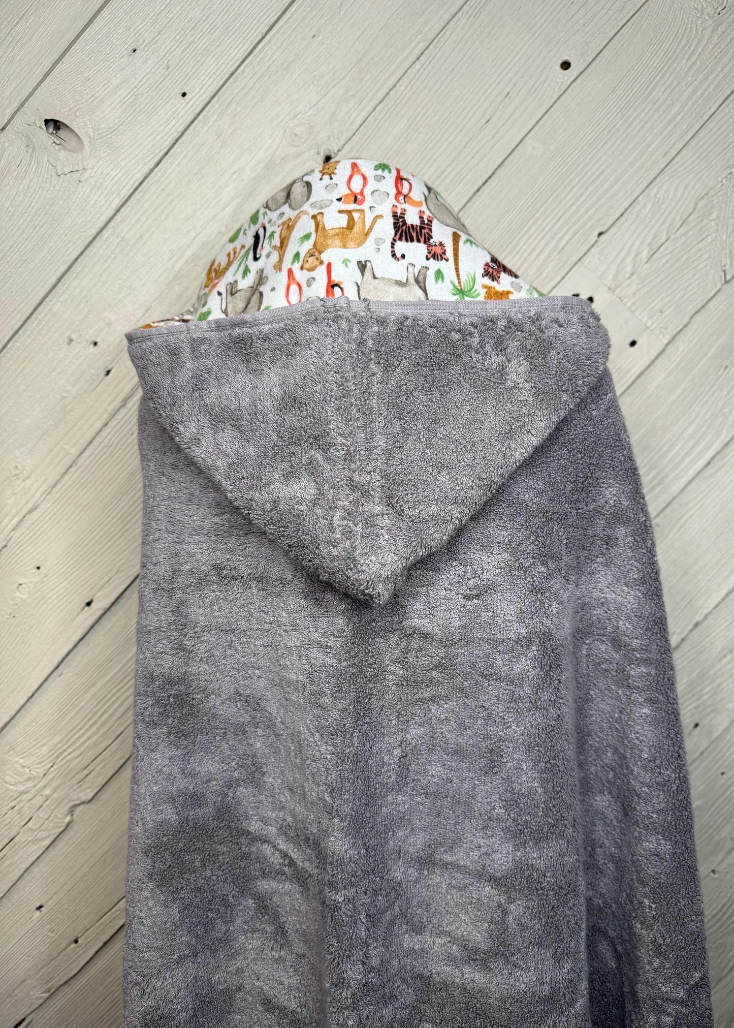 Gray Kid's Hooded Bath Towel with Zoo Animals Lining on Hood