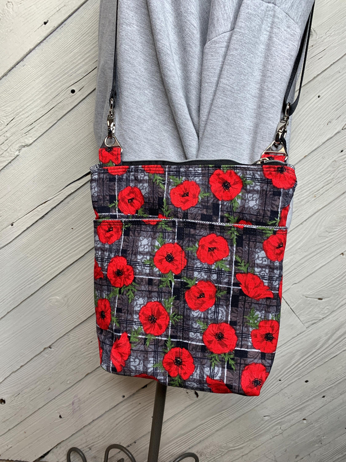 Black and gray with poppy print crossbody bag, women's crossbody purse, messenger bag, adjustable crossbody bag, women's handbag
