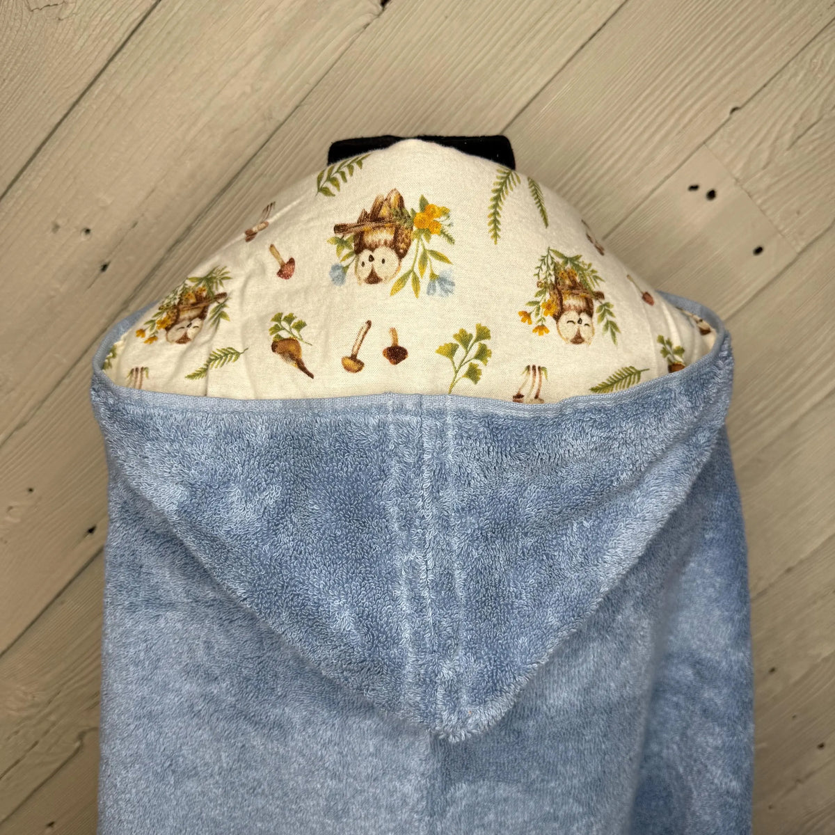 Water Blue Kid's Hooded Bath Towel with Owl Lining on Hood