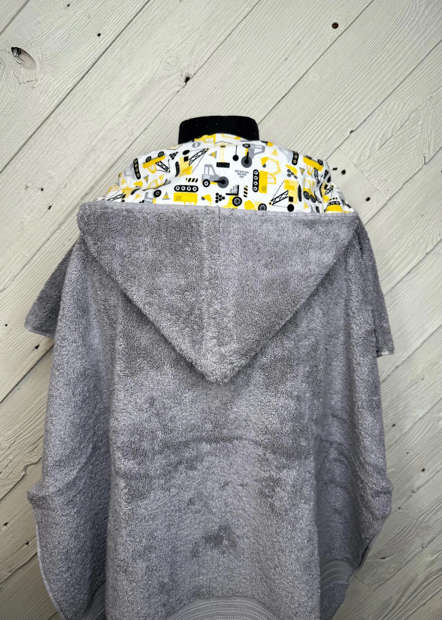 Gray Kid's Hooded Bath Towel with Construction Vehicles Lining on Hood