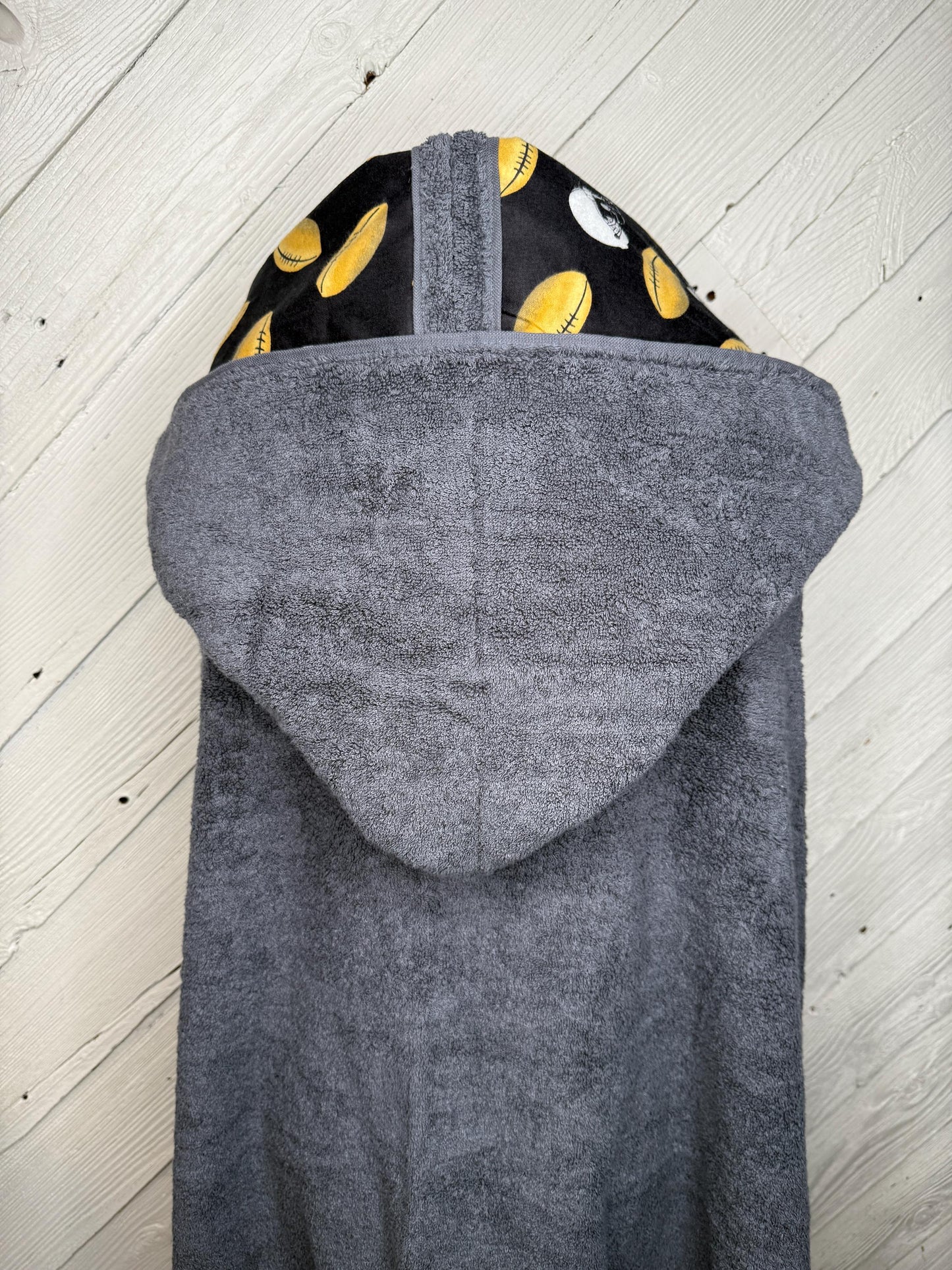 Gray Adult Hooded Bath Towel with Football Flannel Lining on Hood