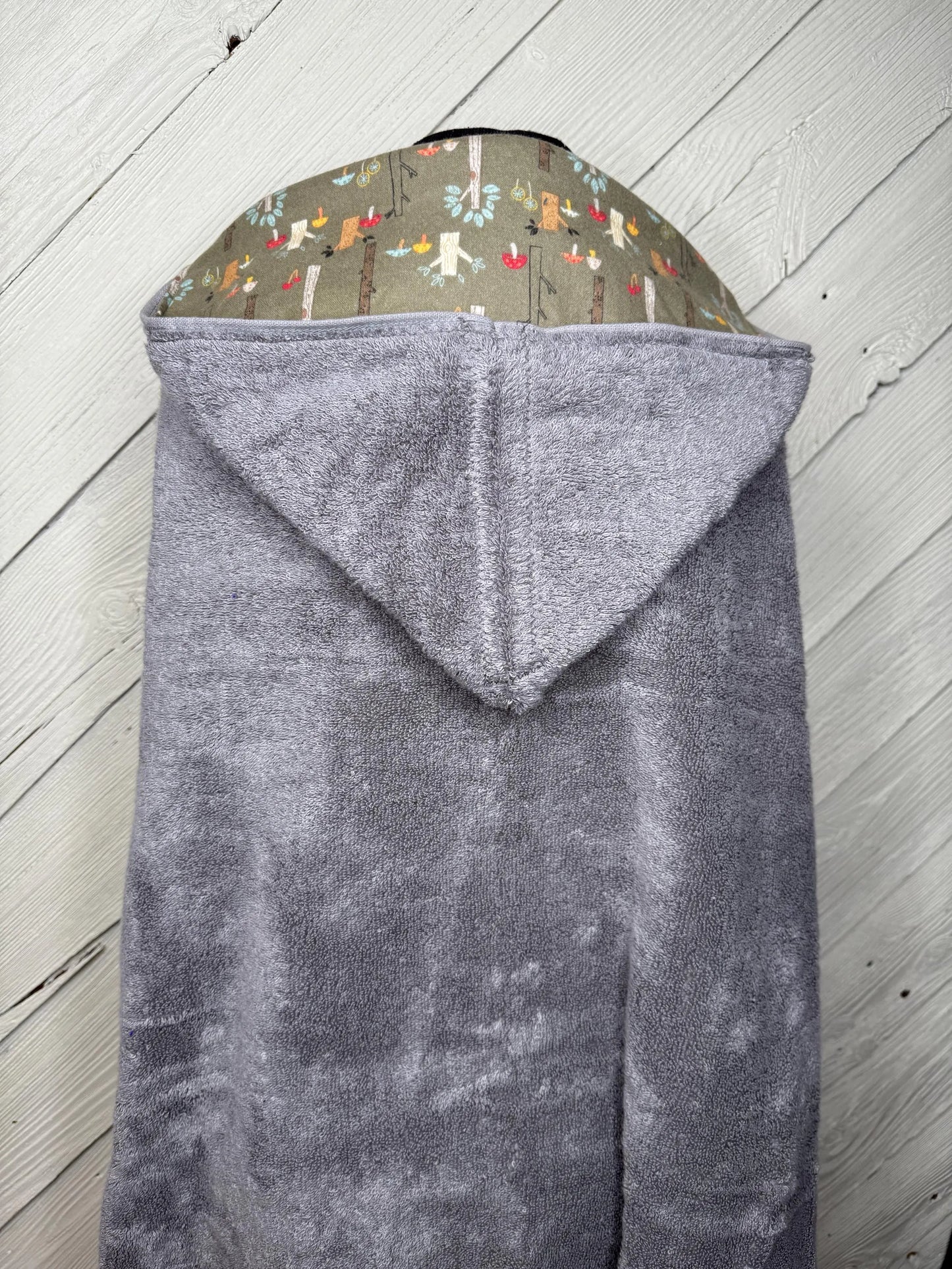 Gray Kid's Hooded Bath Towel with Woodland Animal Lining on Hood