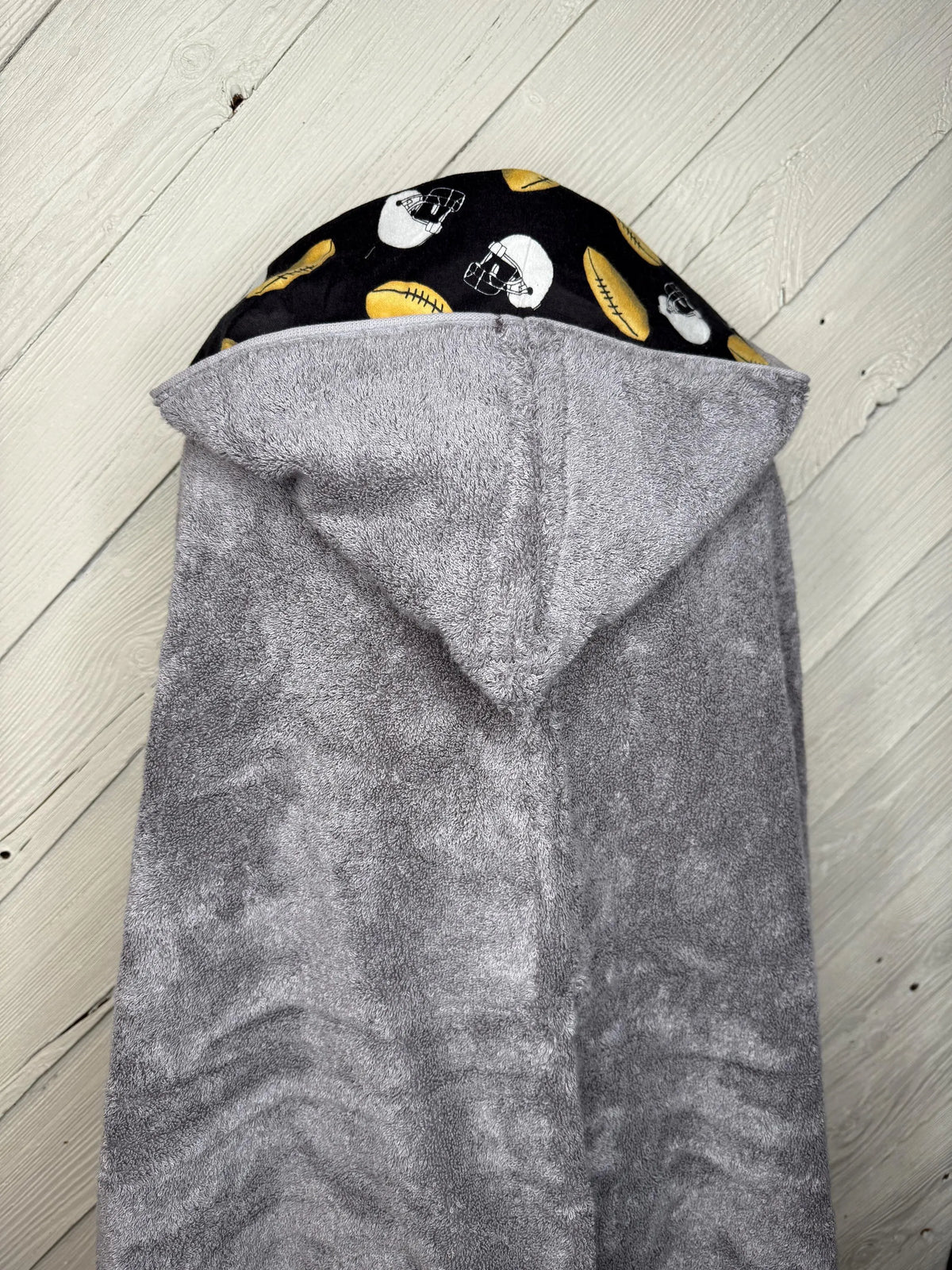 Gray Kid's Hooded Bath Towel with Football Lining on Hood