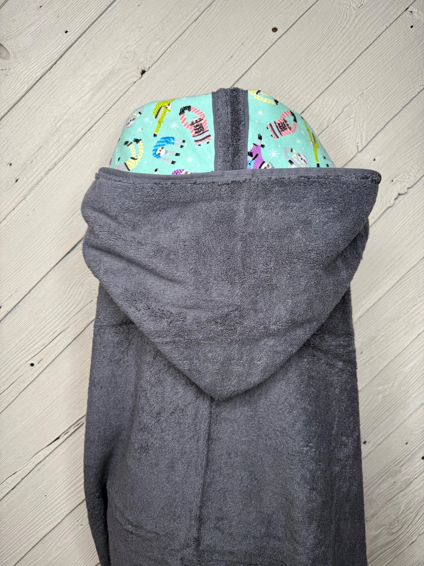 Gray Adult Hooded Bath Towel with Sloth Flannel Lining on Hood