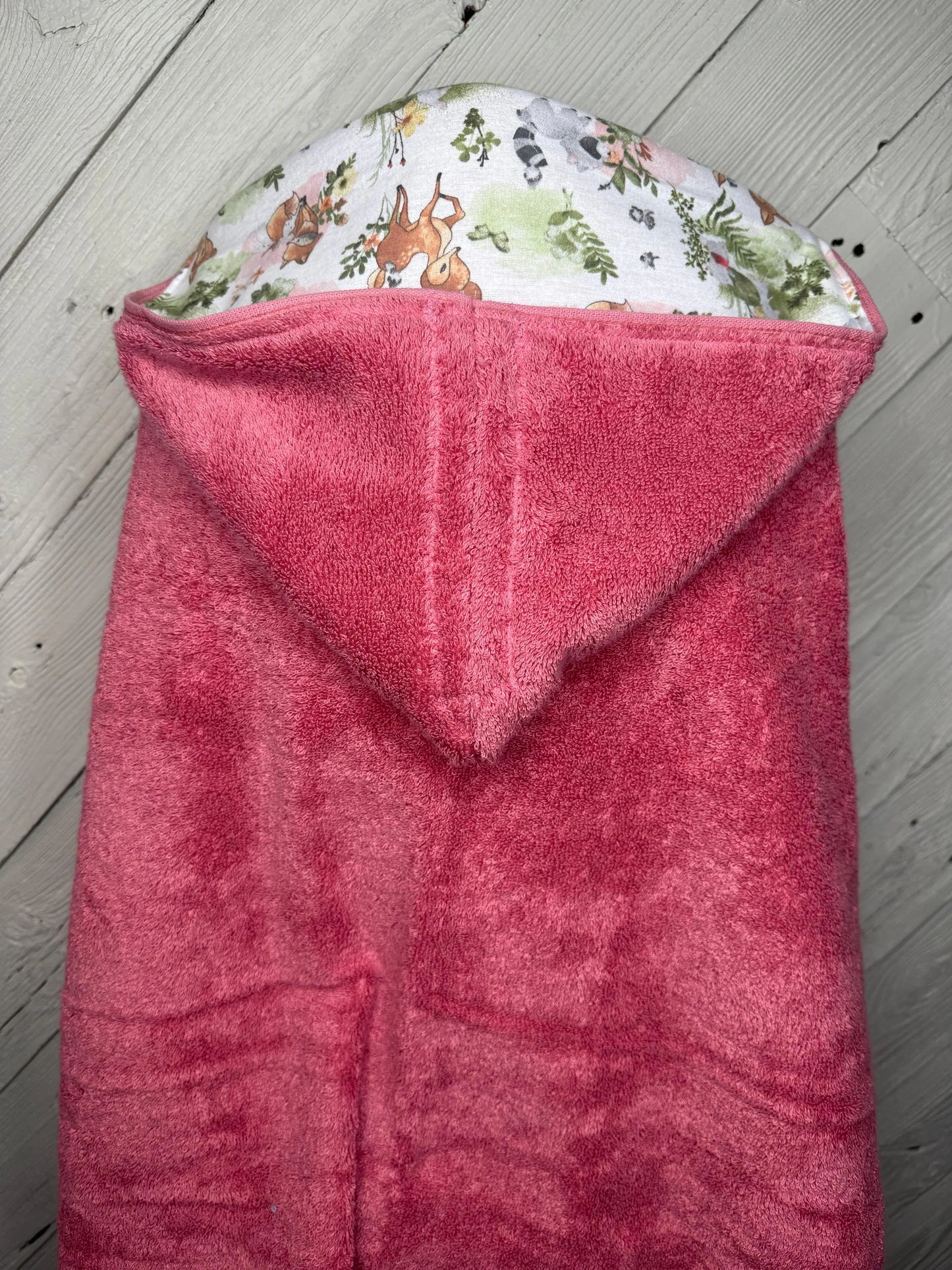 Rose Pink Kid's Hooded Bath Towel with Woodland Animal Lining on Hood