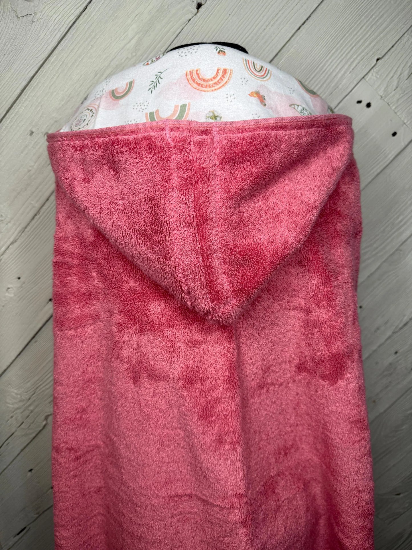Rose Pink Kid's Hooded Bath Towel with Rainbow Lining on Hood