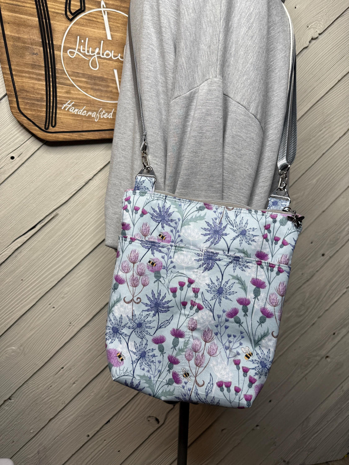 Thistle floral crossbody purse, women's crossbody bag, hipster bag, messenger bag, adjustable crossbody bag, purple women's handbag