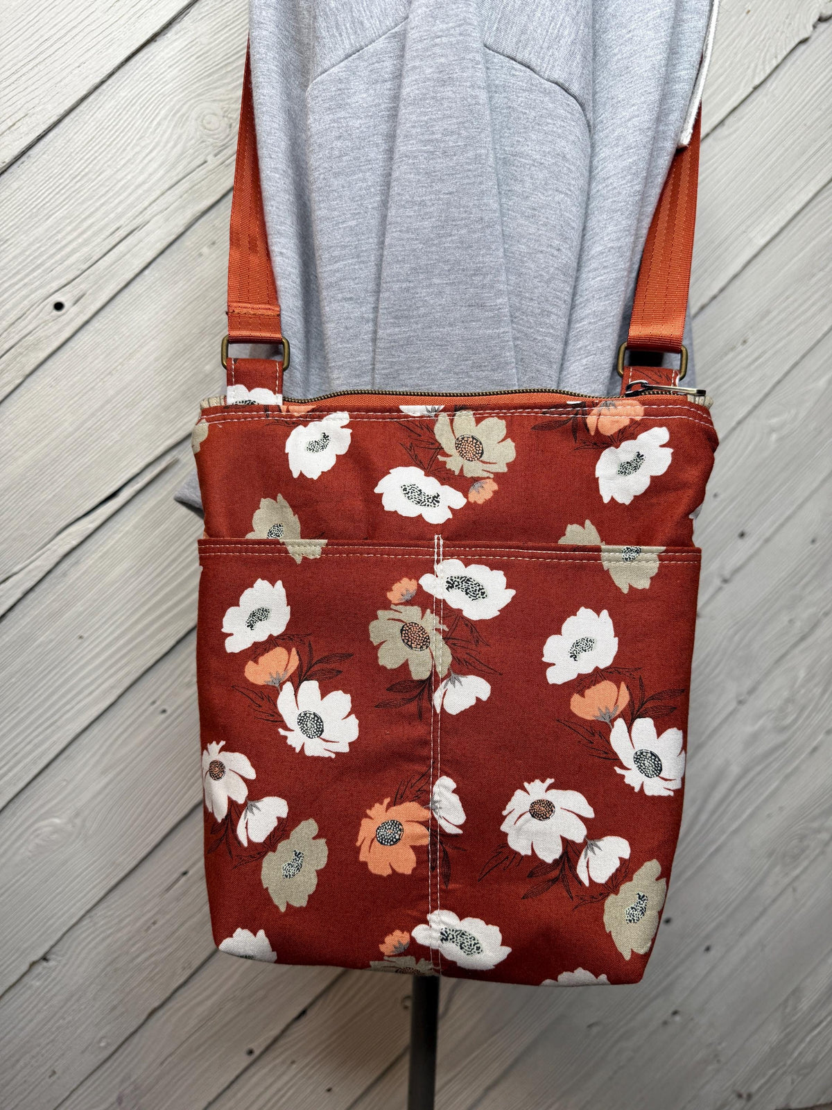 Brick red floral crossbody purse, women's crossbody bag, hipster bag, messenger bag, adjustable crossbody bag, women's handbag