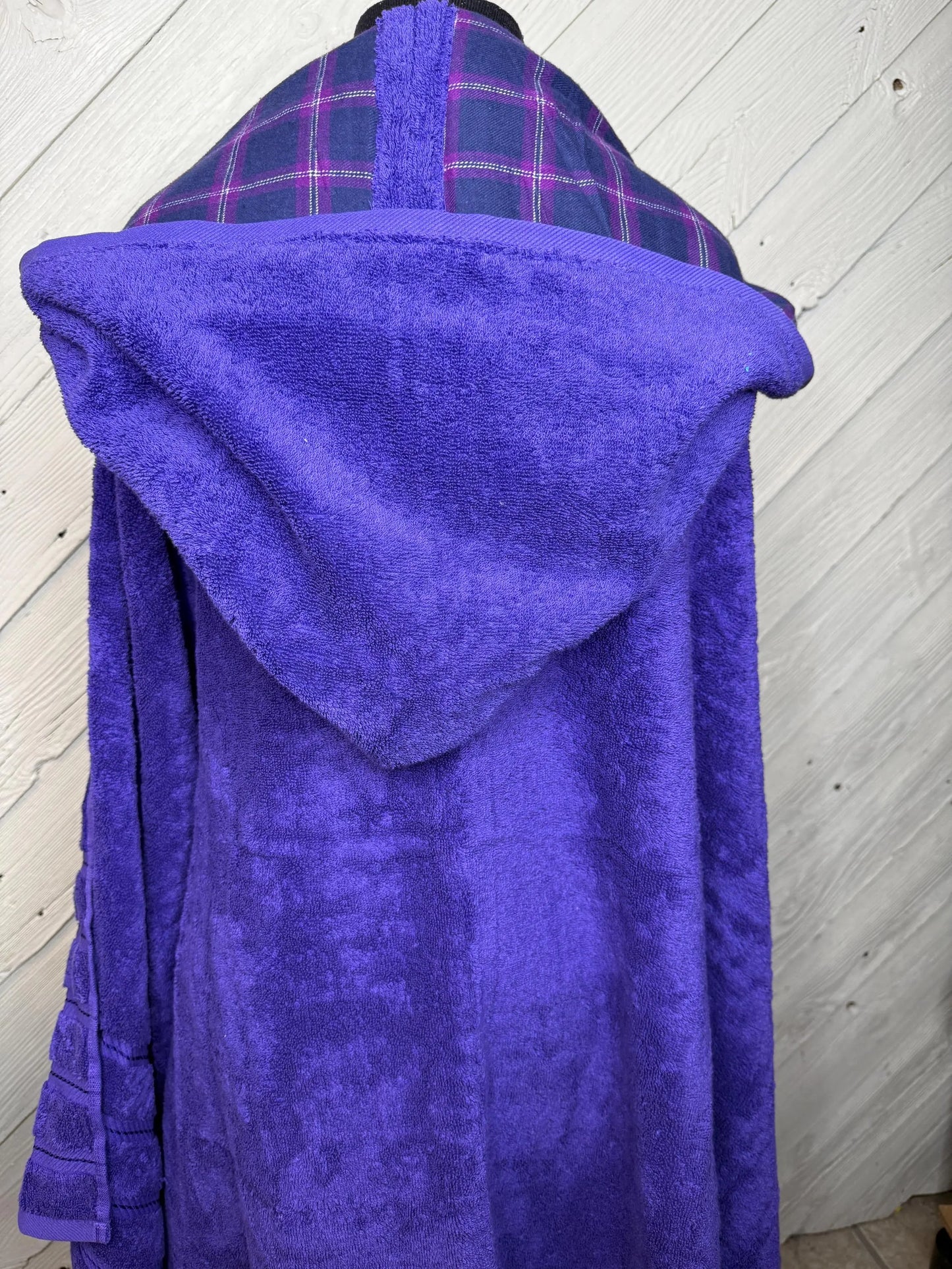 Purple Adult Hooded Bath Towel with Purple Plaid Flannel Lining on Hood