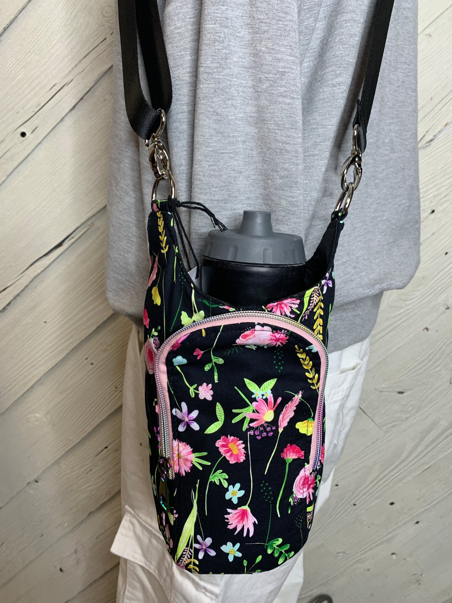 Water Bottle Bag with Pink Flowers on Black Pattern