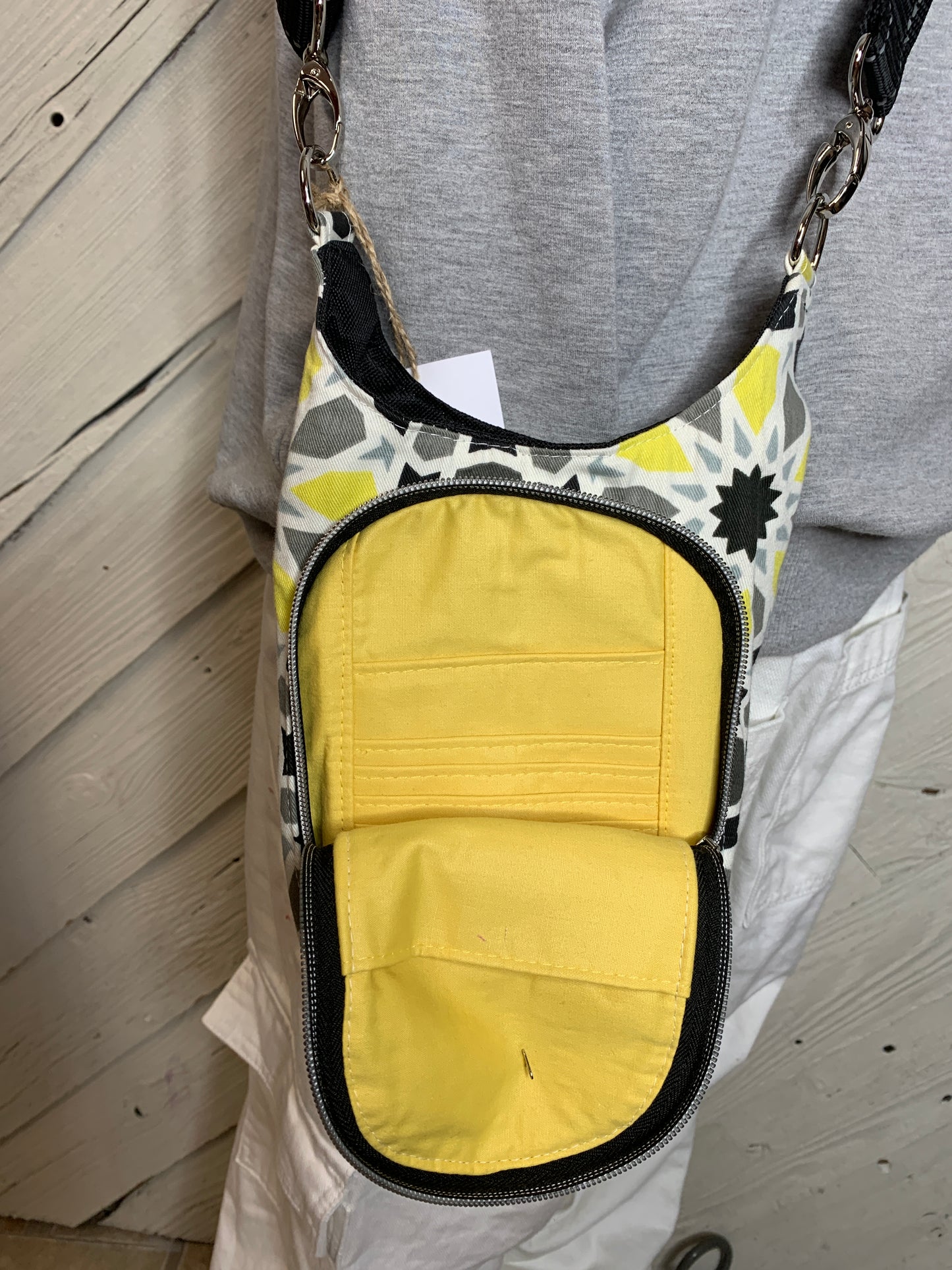 Water Bottle Bag with Black Grey and Yellow Geometric Pattern