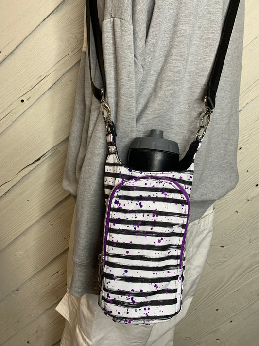 Water Bottle Bag, Black and White Striped with Purple Highlights