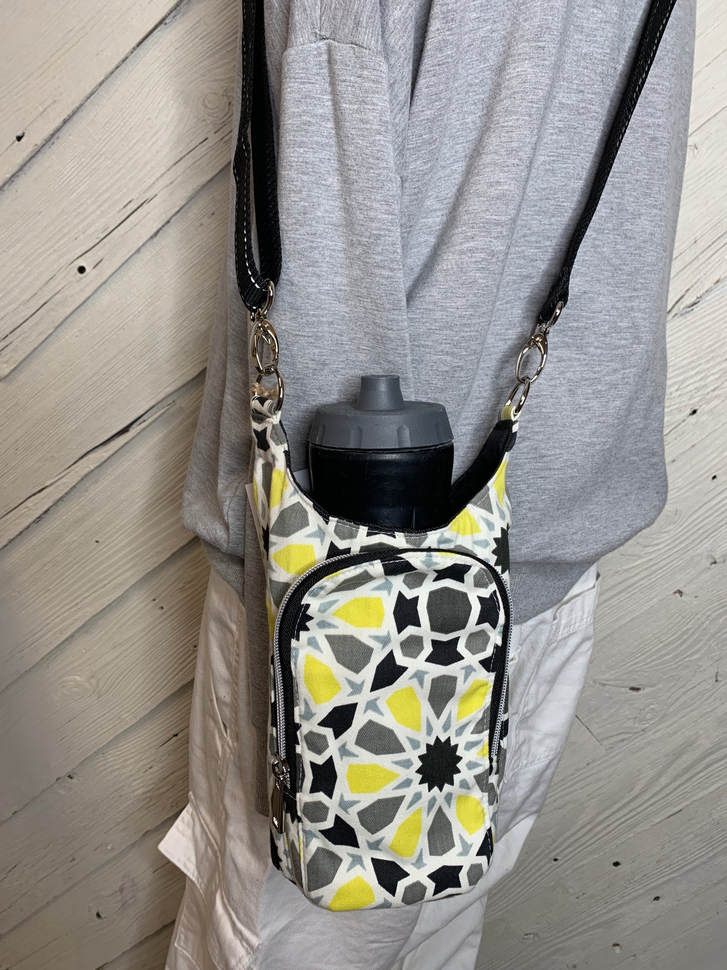 Water Bottle Bag with Black Grey and Yellow Geometric Pattern