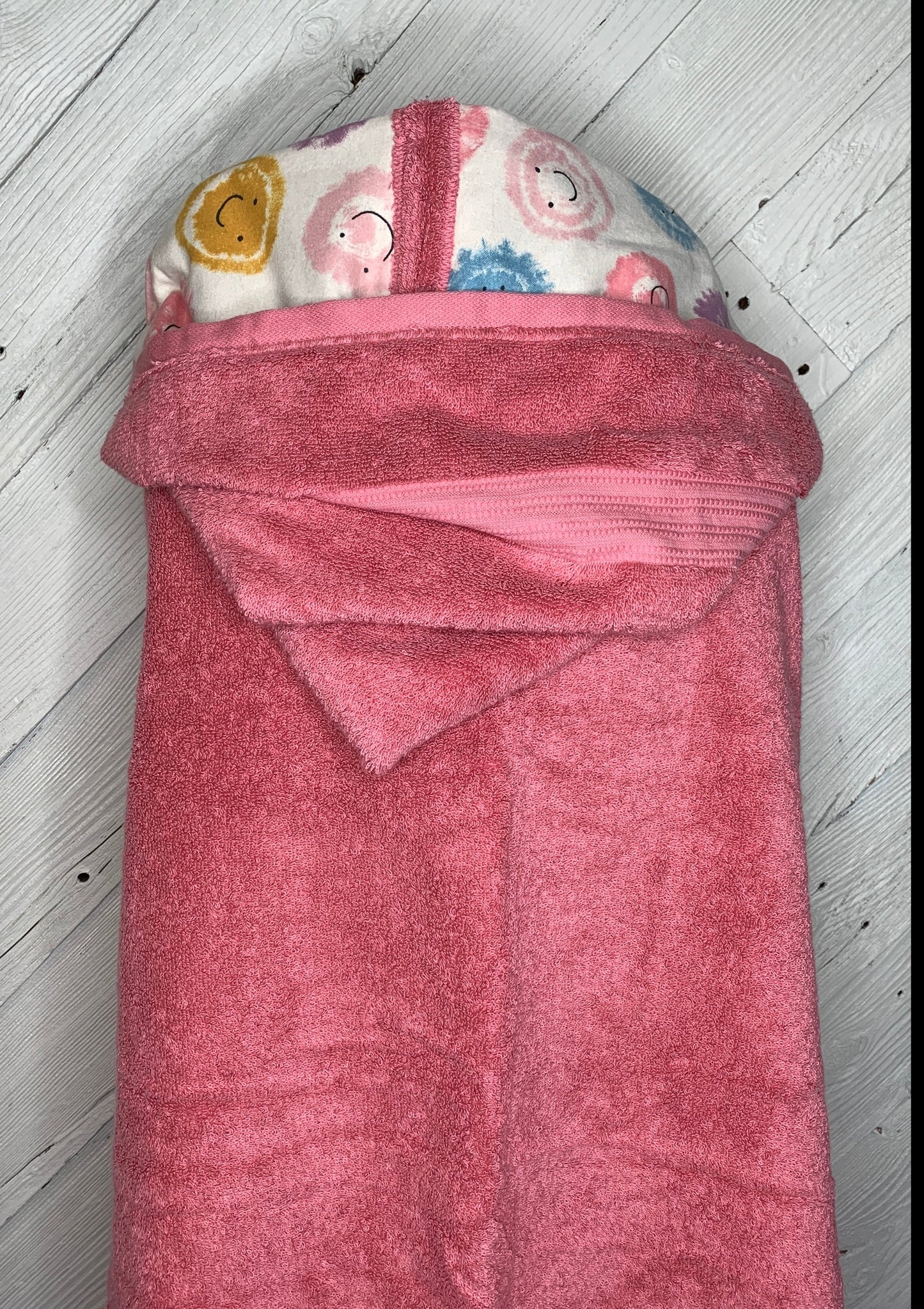 Adult Hooded Bath Towel with Smiley-Face Flannel Lining on the Hood